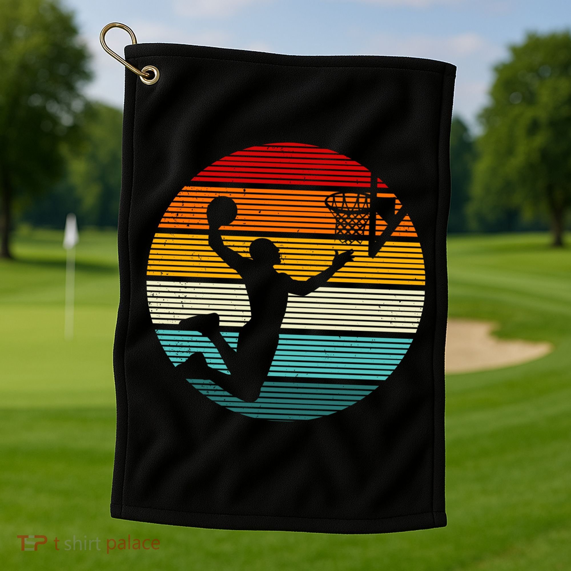 Basketball Player Dunk Retro Sunset Golf Towel