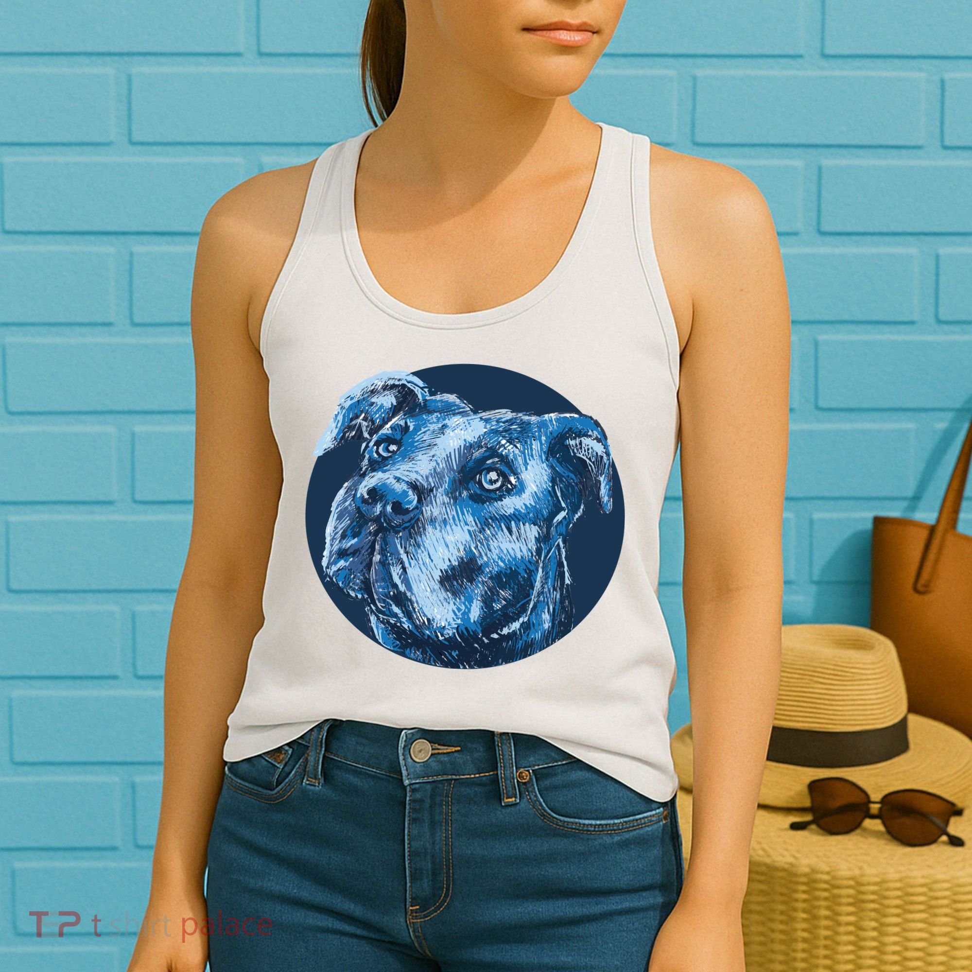 Blue Pitbull Dog Animal Portrait Cute Women's Tank Top