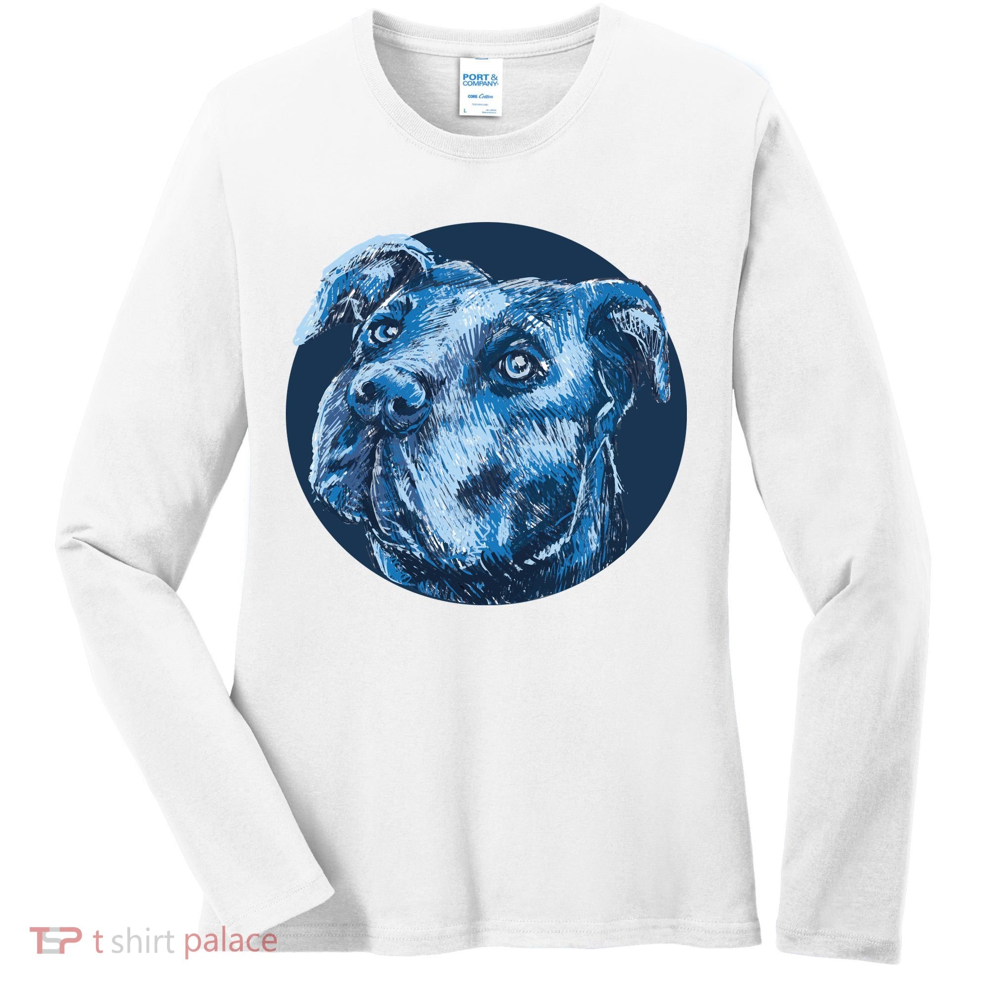 Blue Pitbull Dog Animal Portrait Cute Women's Long Sleeve Shirt