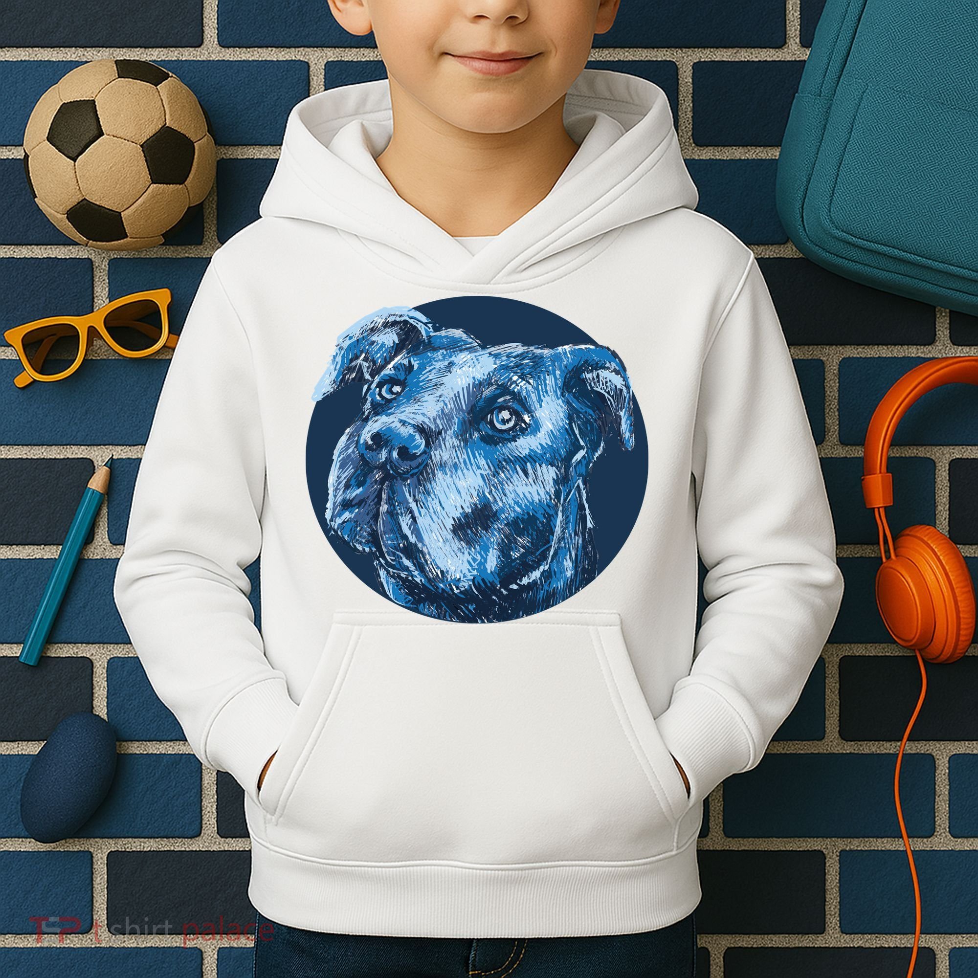 Blue Pitbull Dog Animal Portrait Cute Kids Hoodie