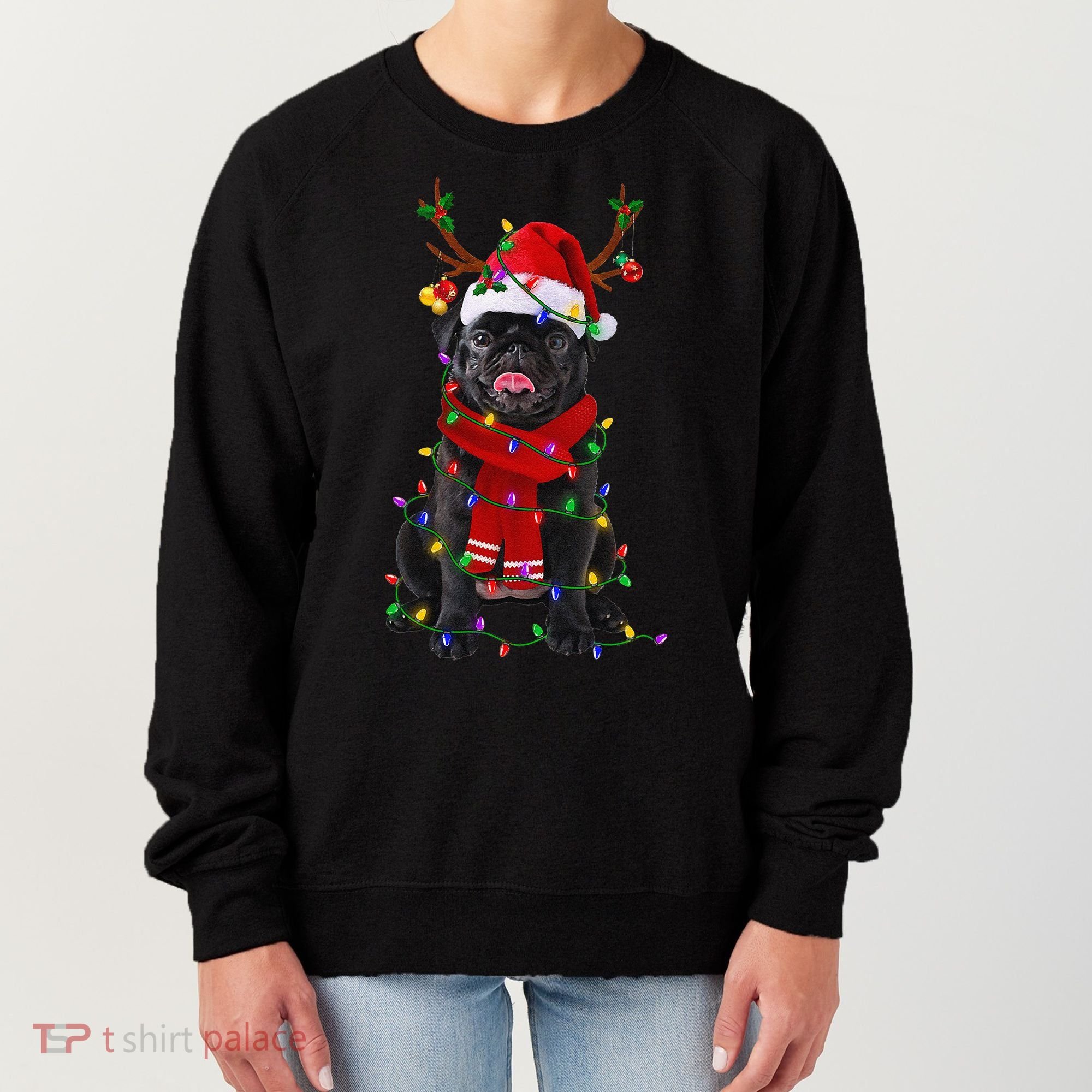 Black Pug Dog Tree Christmas Lights Xmas Pajama Women's Sweatshirt