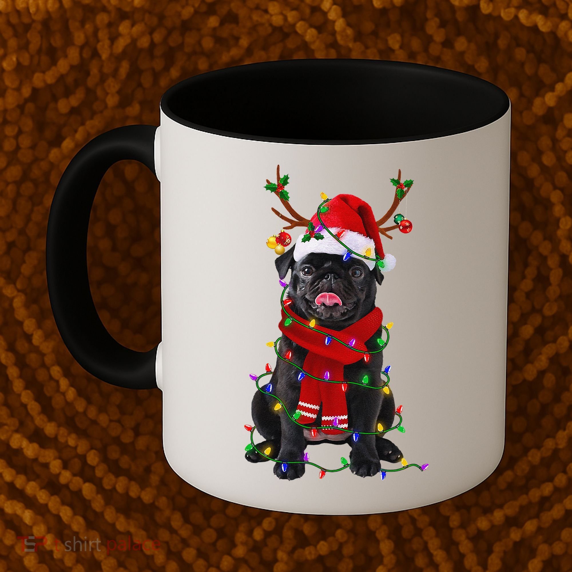 Black Pug Dog Tree Christmas Lights Xmas Pajama Coffee Mug