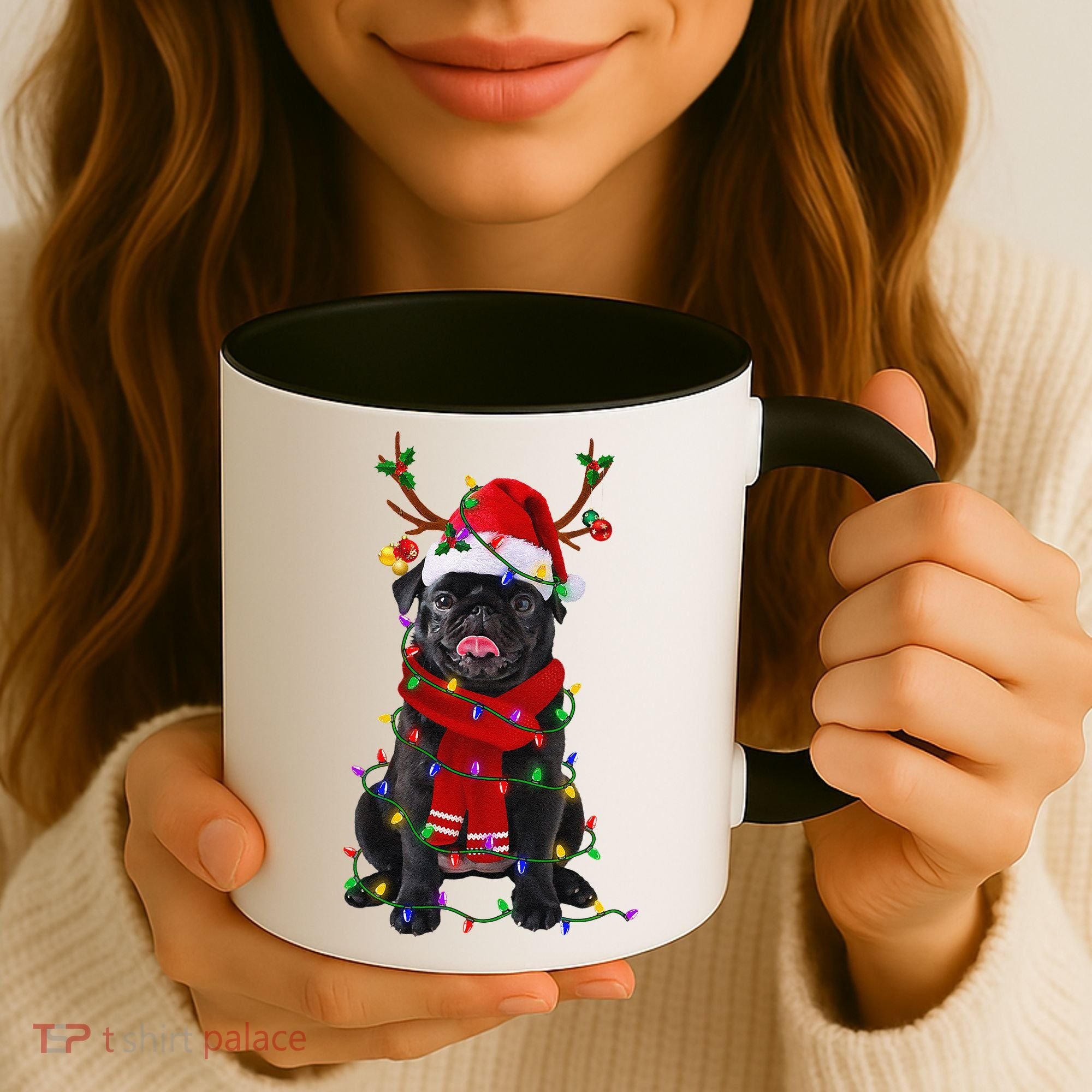 Black Pug Dog Tree Christmas Lights Xmas Pajama Coffee Mug
