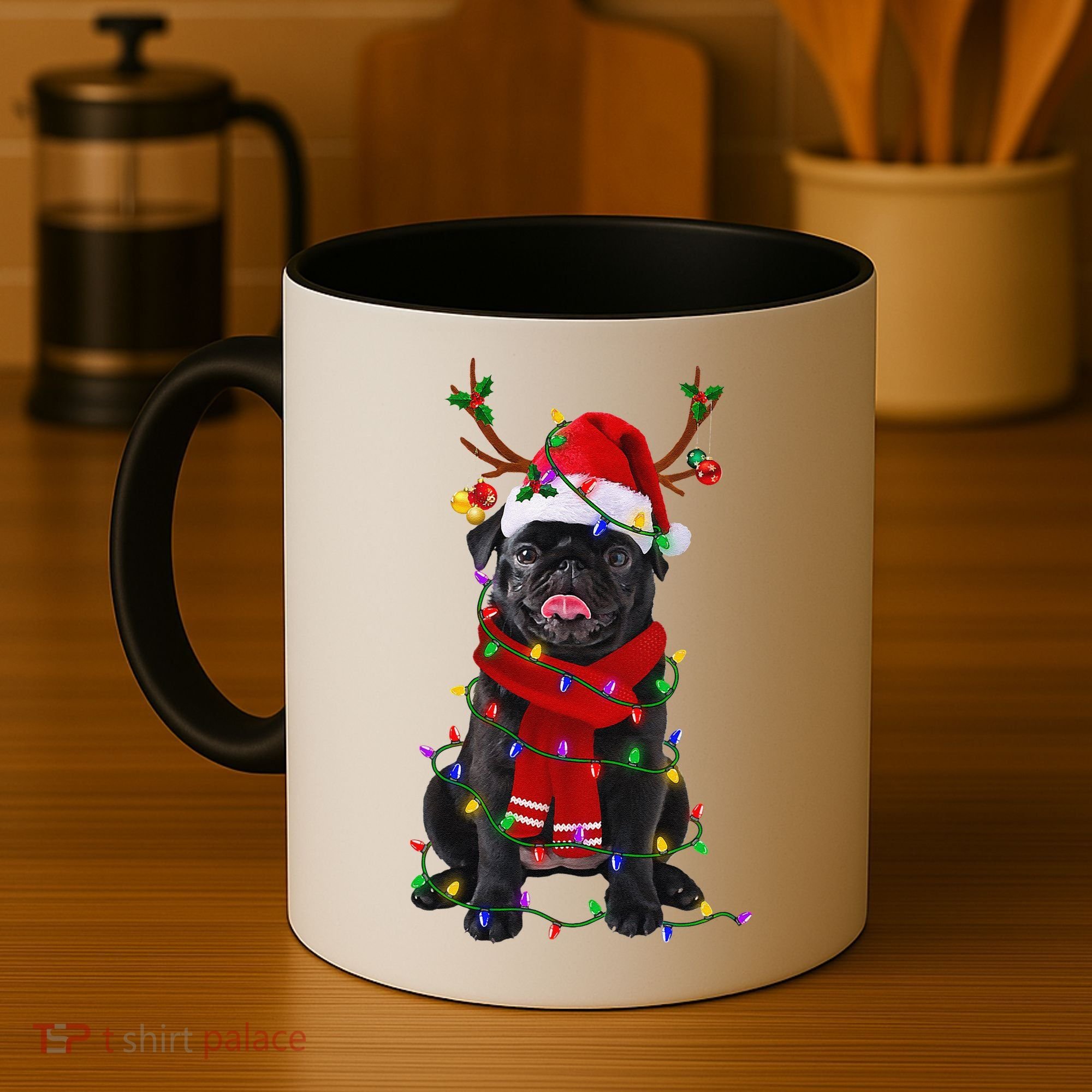 Black Pug Dog Tree Christmas Lights Xmas Pajama Coffee Mug