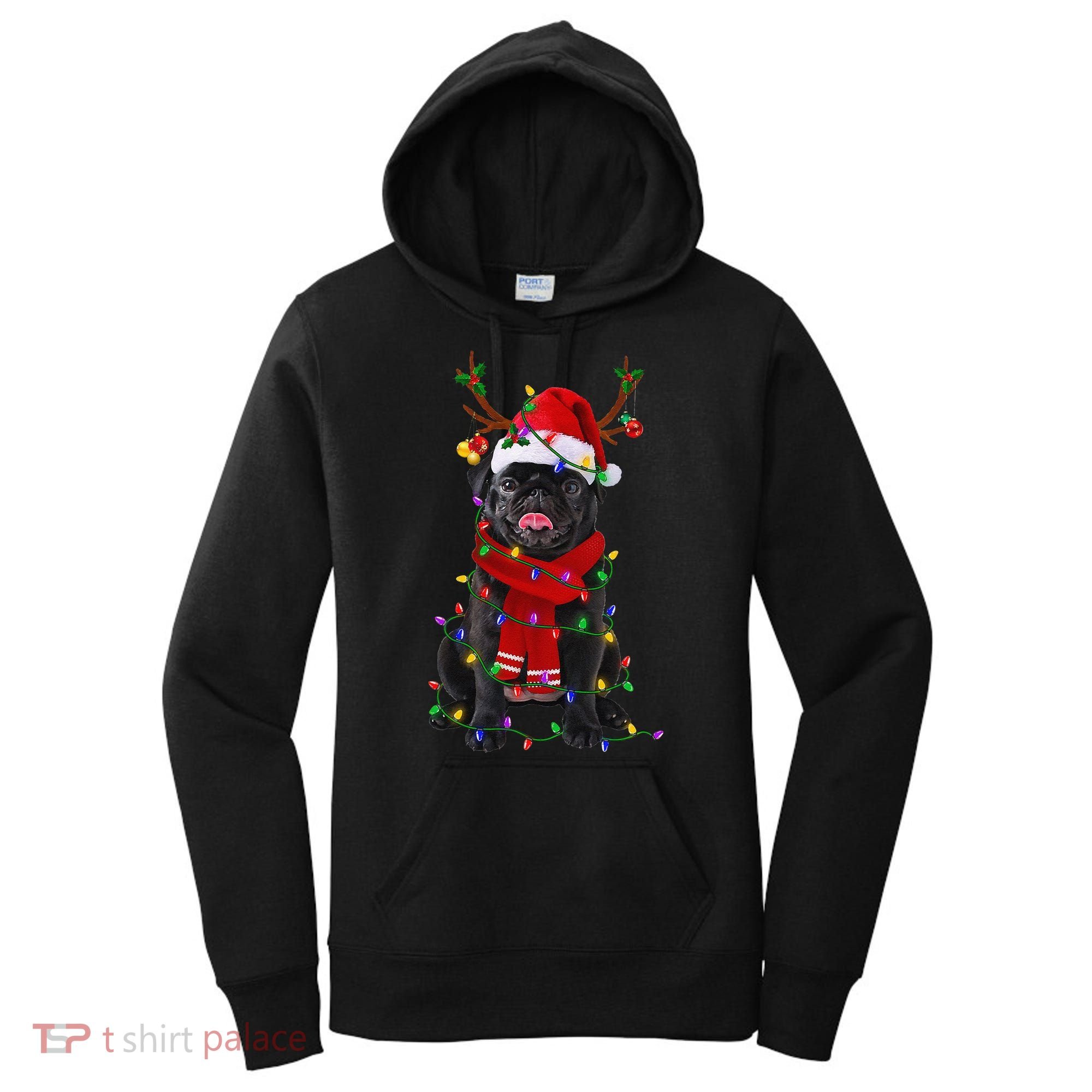 Black Pug Dog Tree Christmas Lights Xmas Pajama Women's Hoodie