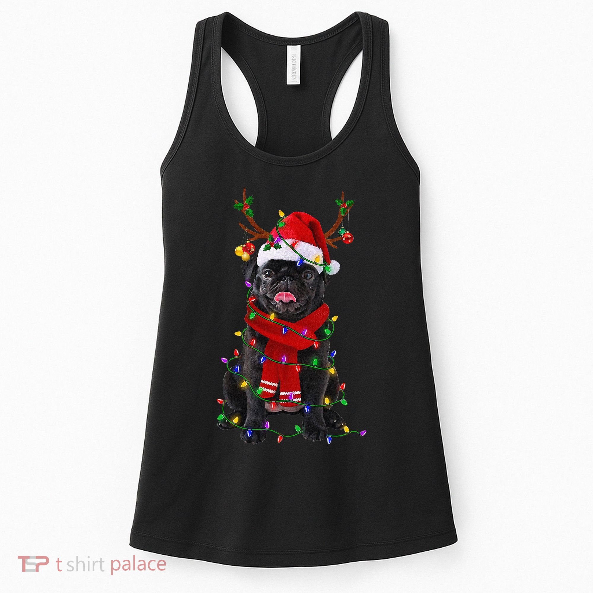 Black Pug Dog Tree Christmas Lights Xmas Pajama Women's Tank Top