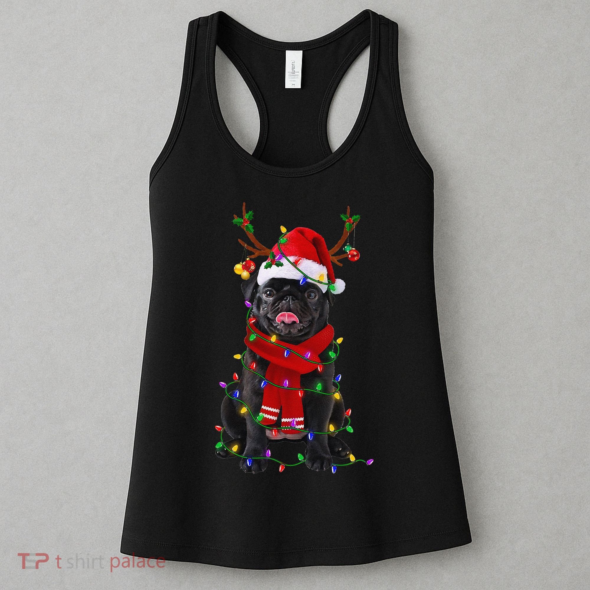 Black Pug Dog Tree Christmas Lights Xmas Pajama Women's Tank Top