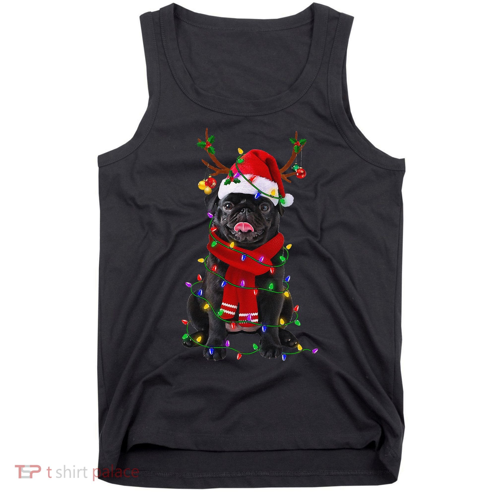 Black Pug Dog Tree Christmas Lights Xmas Pajama Tank Top