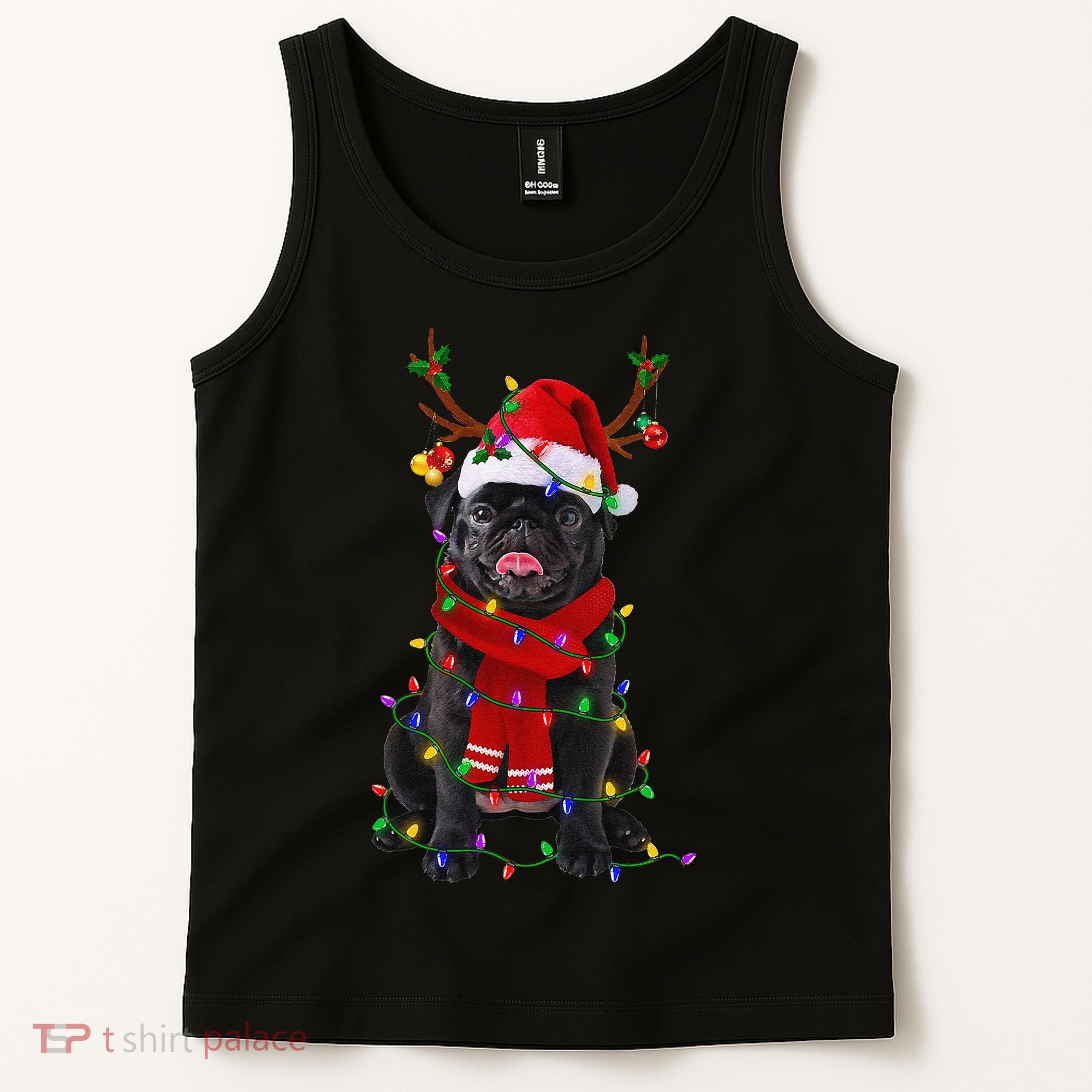 Black Pug Dog Tree Christmas Lights Xmas Pajama Tank Top