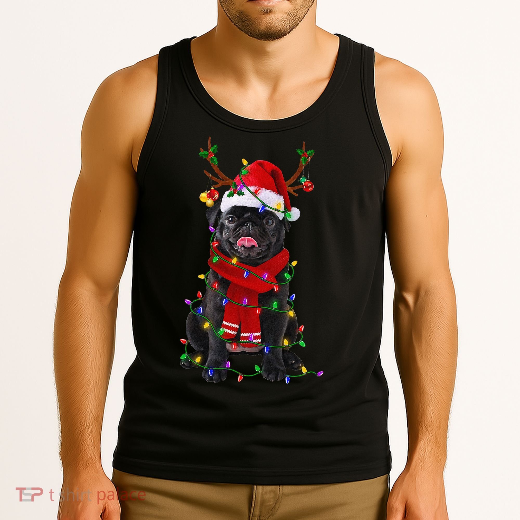 Black Pug Dog Tree Christmas Lights Xmas Pajama Tank Top