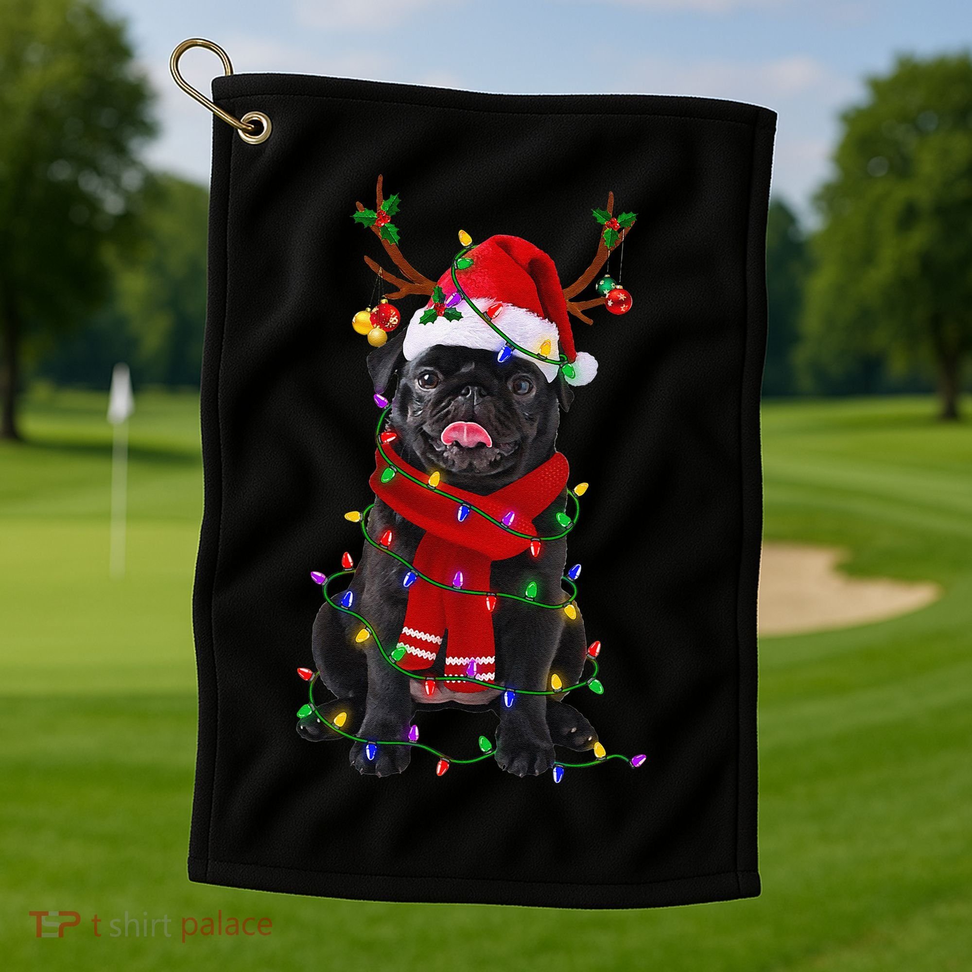 Black Pug Dog Tree Christmas Lights Xmas Pajama Golf Towel