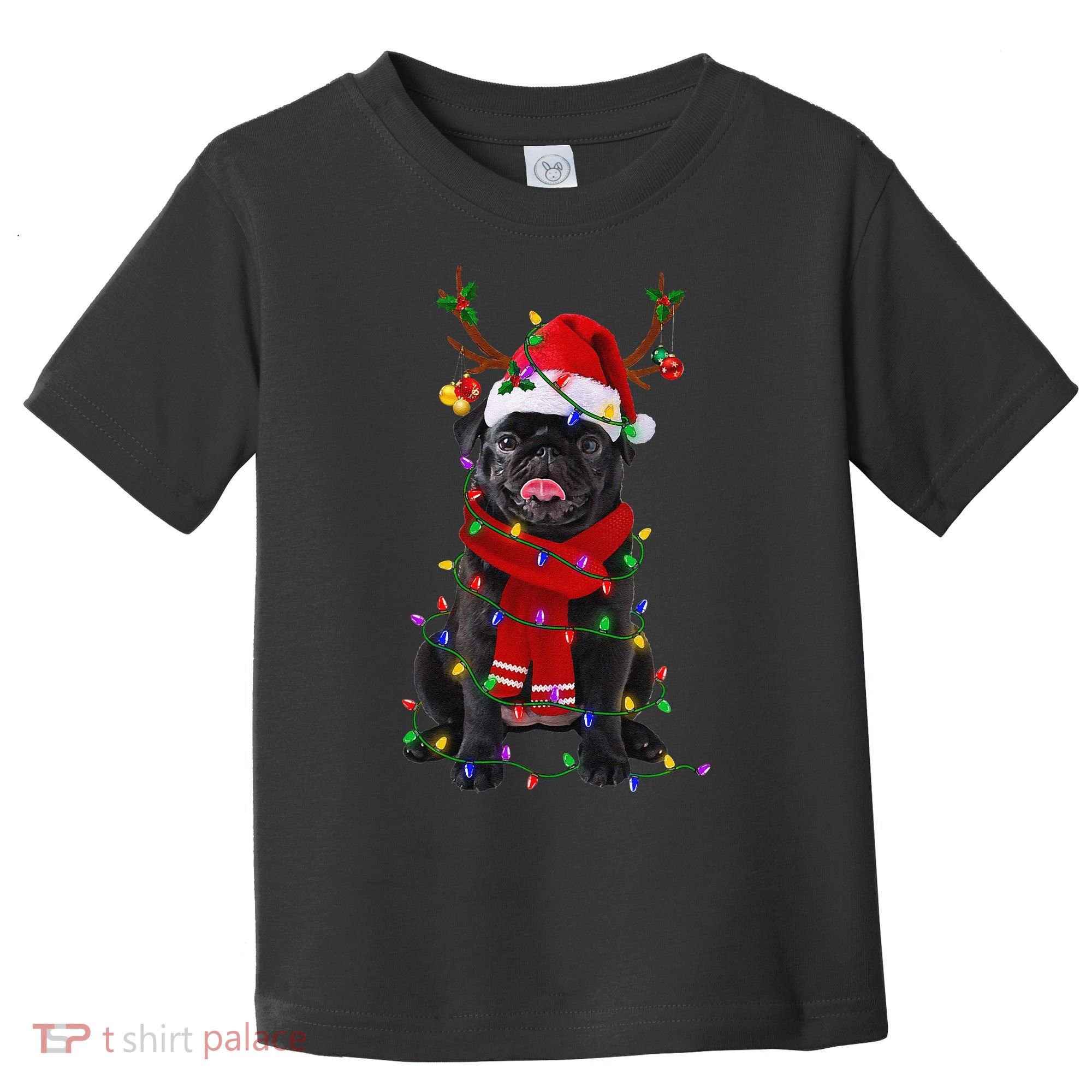 Black Pug Dog Tree Christmas Lights Xmas Pajama Toddler T-Shirt