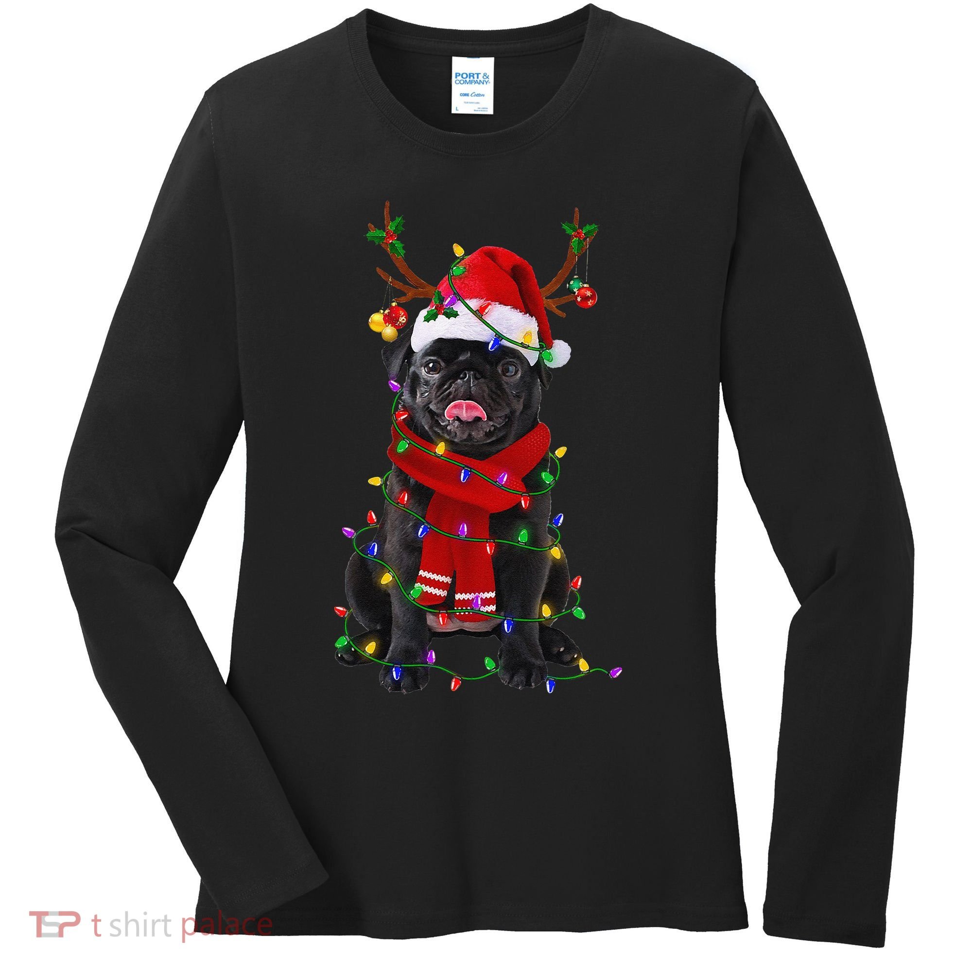Black Pug Dog Tree Christmas Lights Xmas Pajama Women's Long Sleeve Shirt