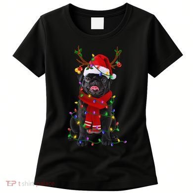 Black Pug Dog Tree Christmas Lights Xmas Pajama Women's T-Shirt