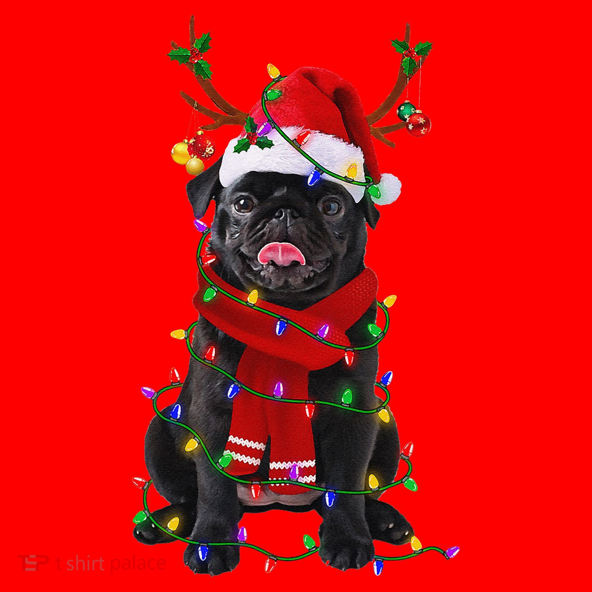 Black Pug Dog Tree Christmas Lights Xmas Pajama Santa Hat