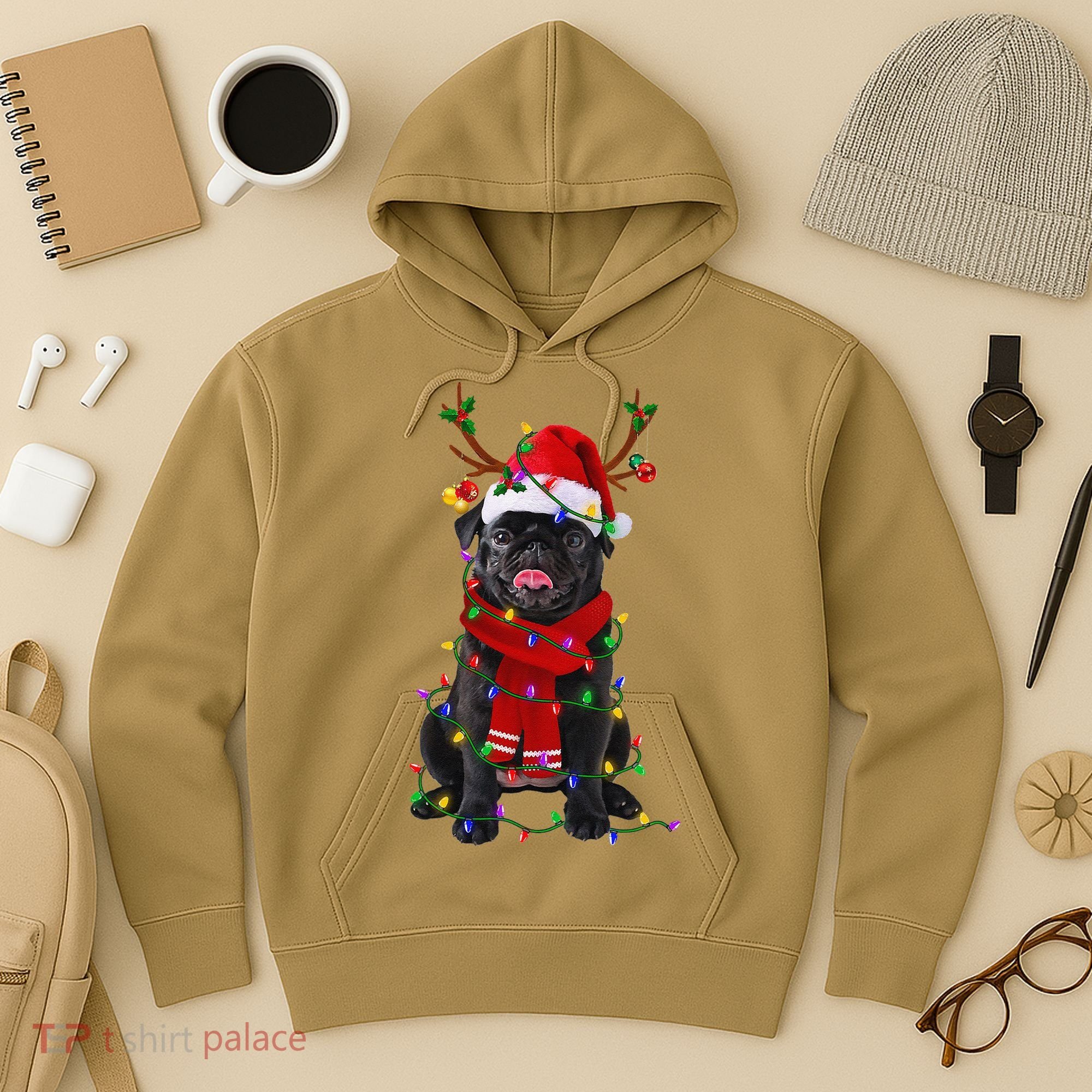 Black Pug Dog Tree Christmas Lights Xmas Pajama Hoodie
