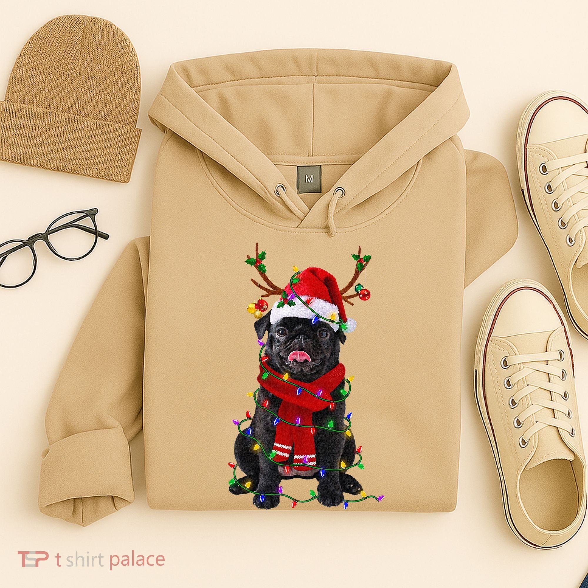 Black Pug Dog Tree Christmas Lights Xmas Pajama Hoodie