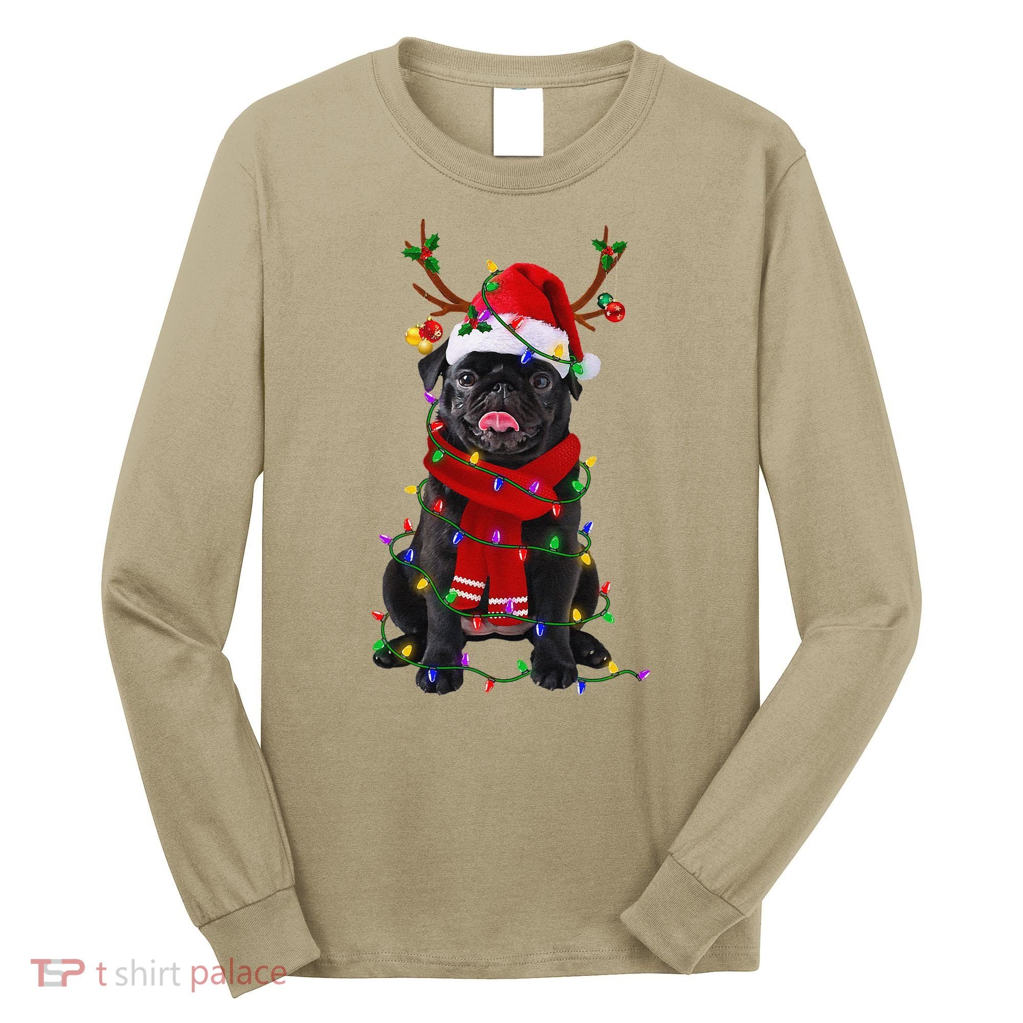 Black Pug Dog Tree Christmas Lights Xmas Pajama Long Sleeve Shirt