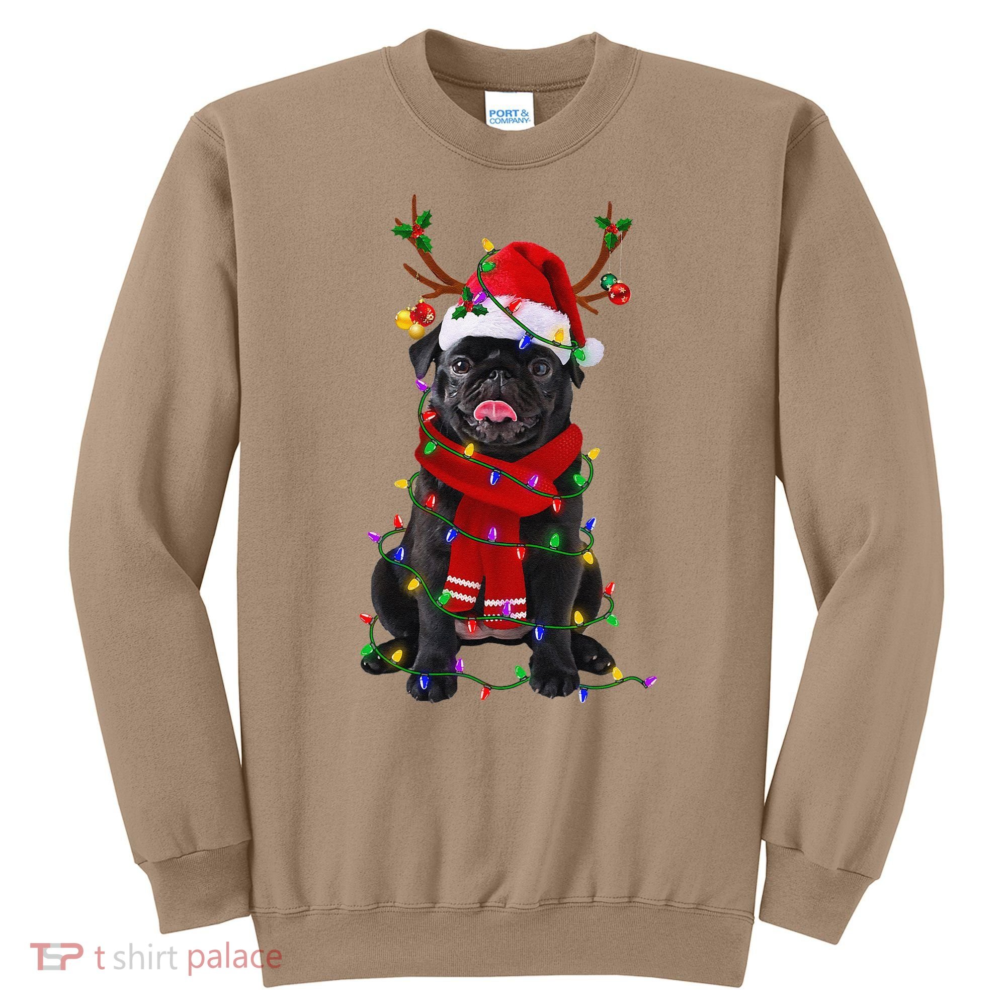 Black Pug Dog Tree Christmas Lights Xmas Pajama Sweatshirt
