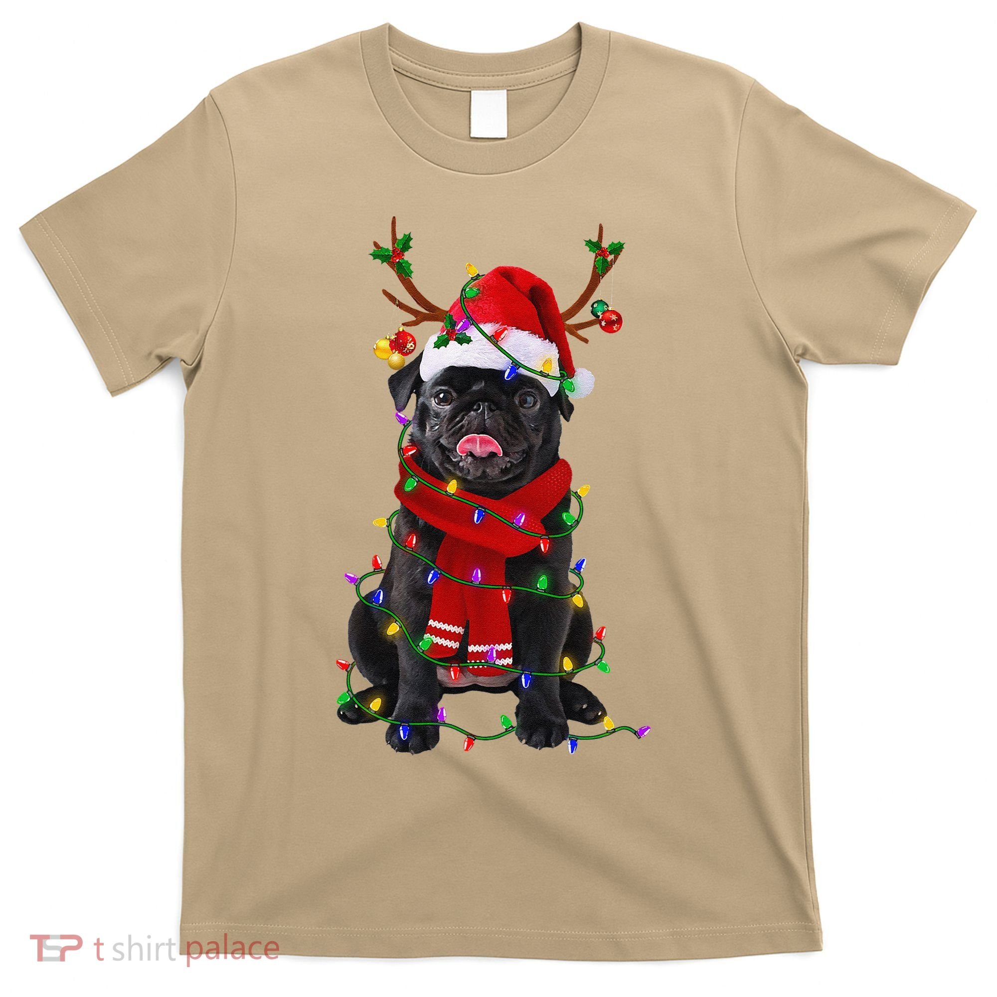 Black Pug Dog Tree Christmas Lights Xmas Pajama T-Shirt