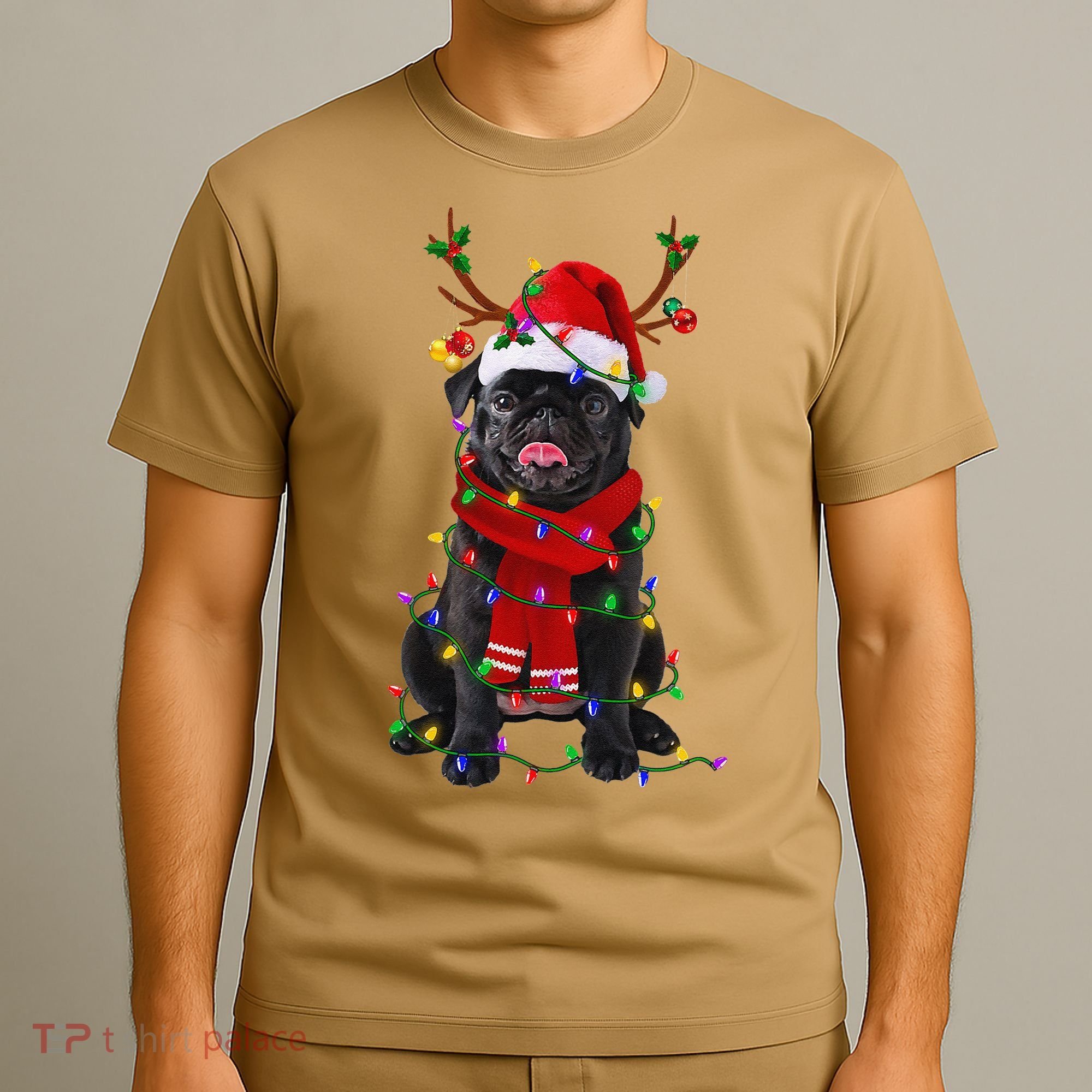 Black Pug Dog Tree Christmas Lights Xmas Pajama T-Shirt