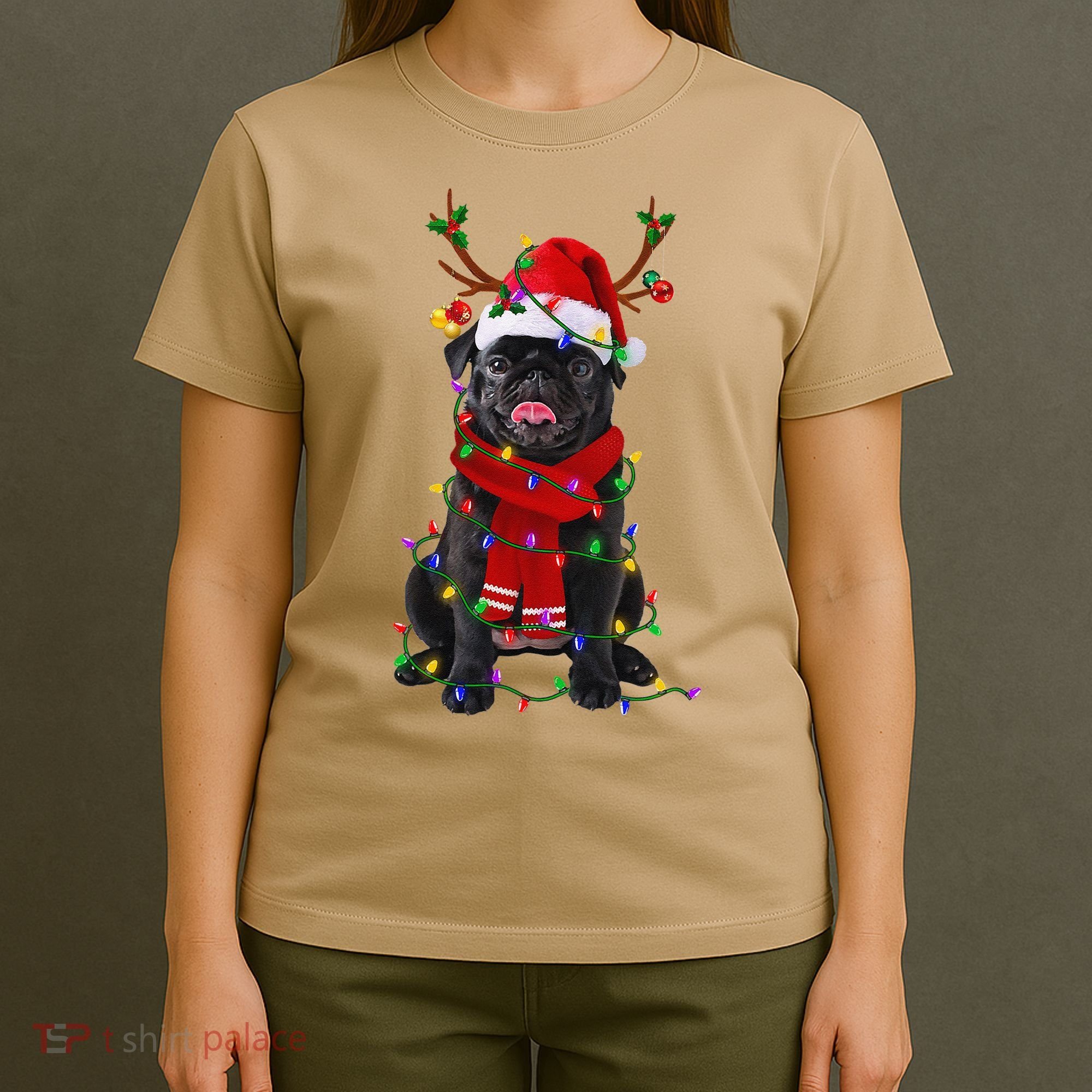 Black Pug Dog Tree Christmas Lights Xmas Pajama T-Shirt