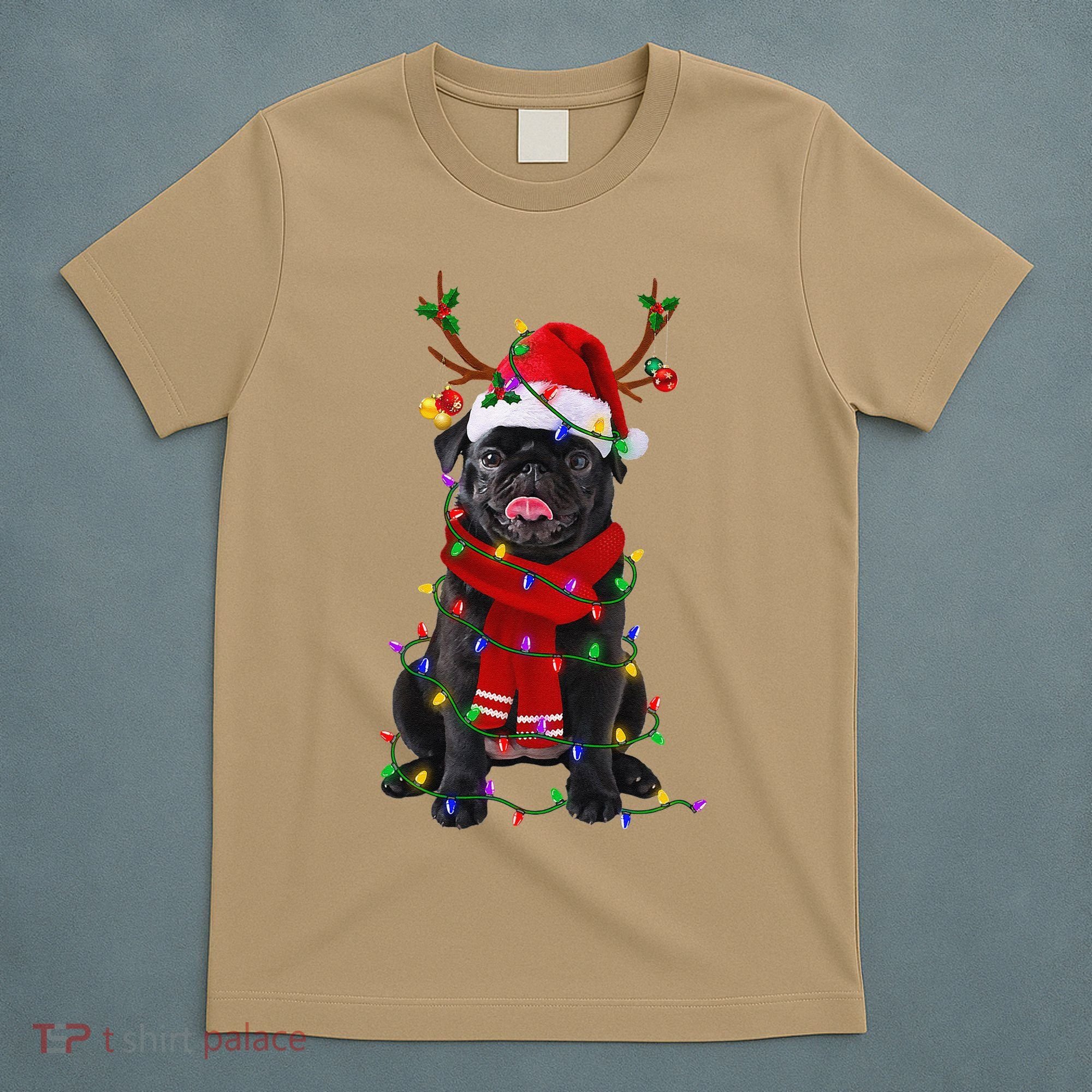Black Pug Dog Tree Christmas Lights Xmas Pajama T-Shirt