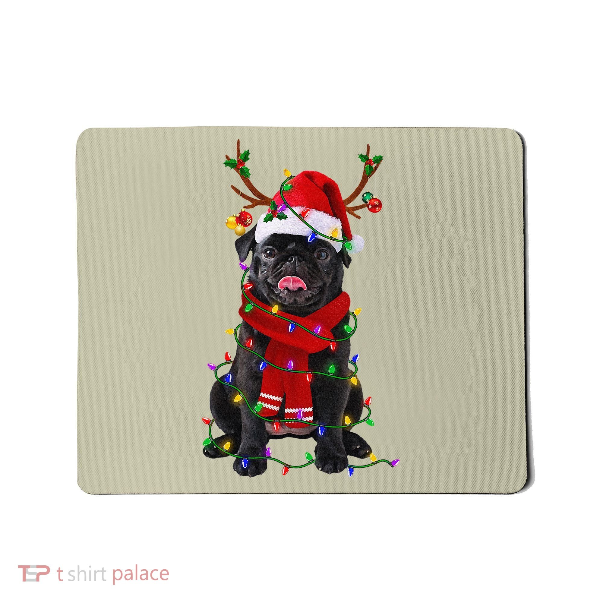 Black Pug Dog Tree Christmas Lights Xmas Pajama Mousepad