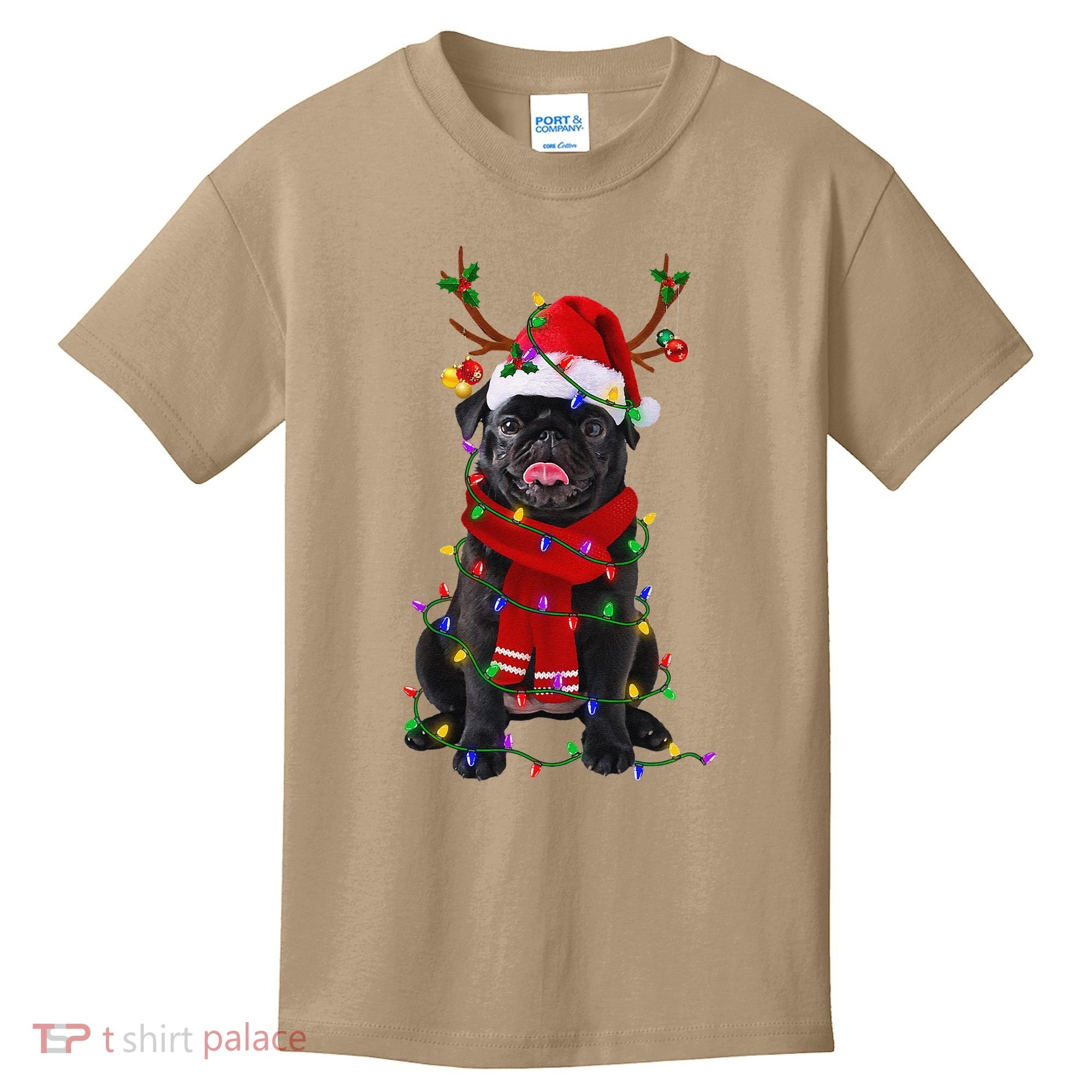 Black Pug Dog Tree Christmas Lights Xmas Pajama Kids T-Shirt