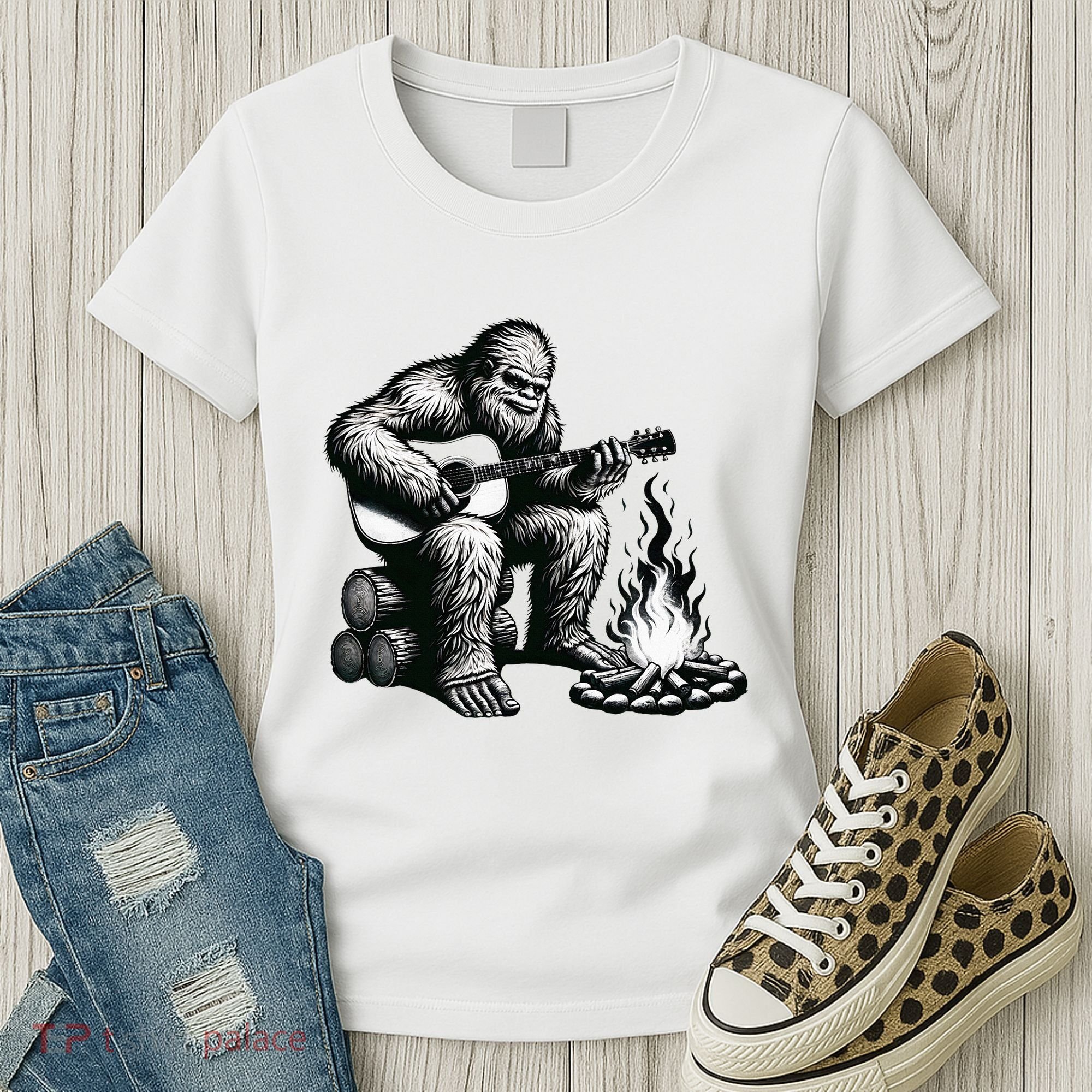 Bigfoot Playing Guitar Rock On Sasquatch Big Foot Women's T-Shirt