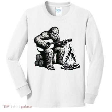 Bigfoot Playing Guitar Rock On Sasquatch Big Foot Kids Long Sleeve Shirt