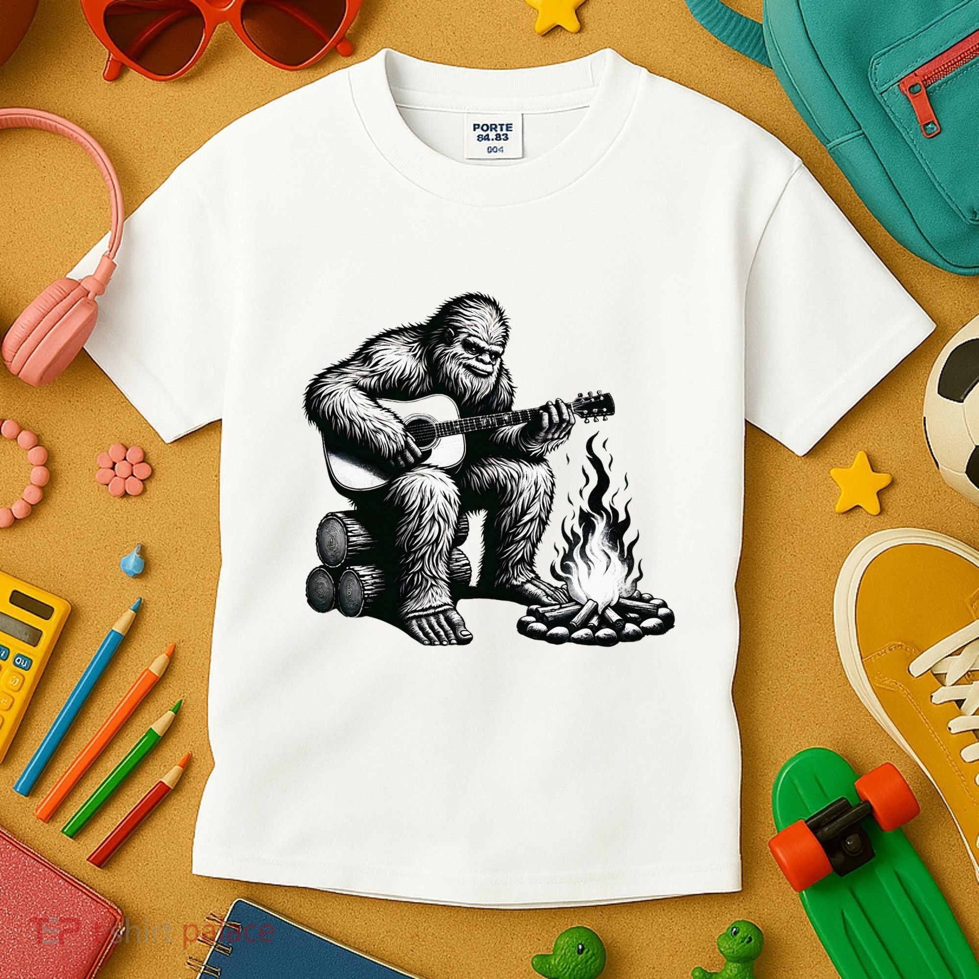 Bigfoot Playing Guitar Rock On Sasquatch Big Foot Kids T-Shirt