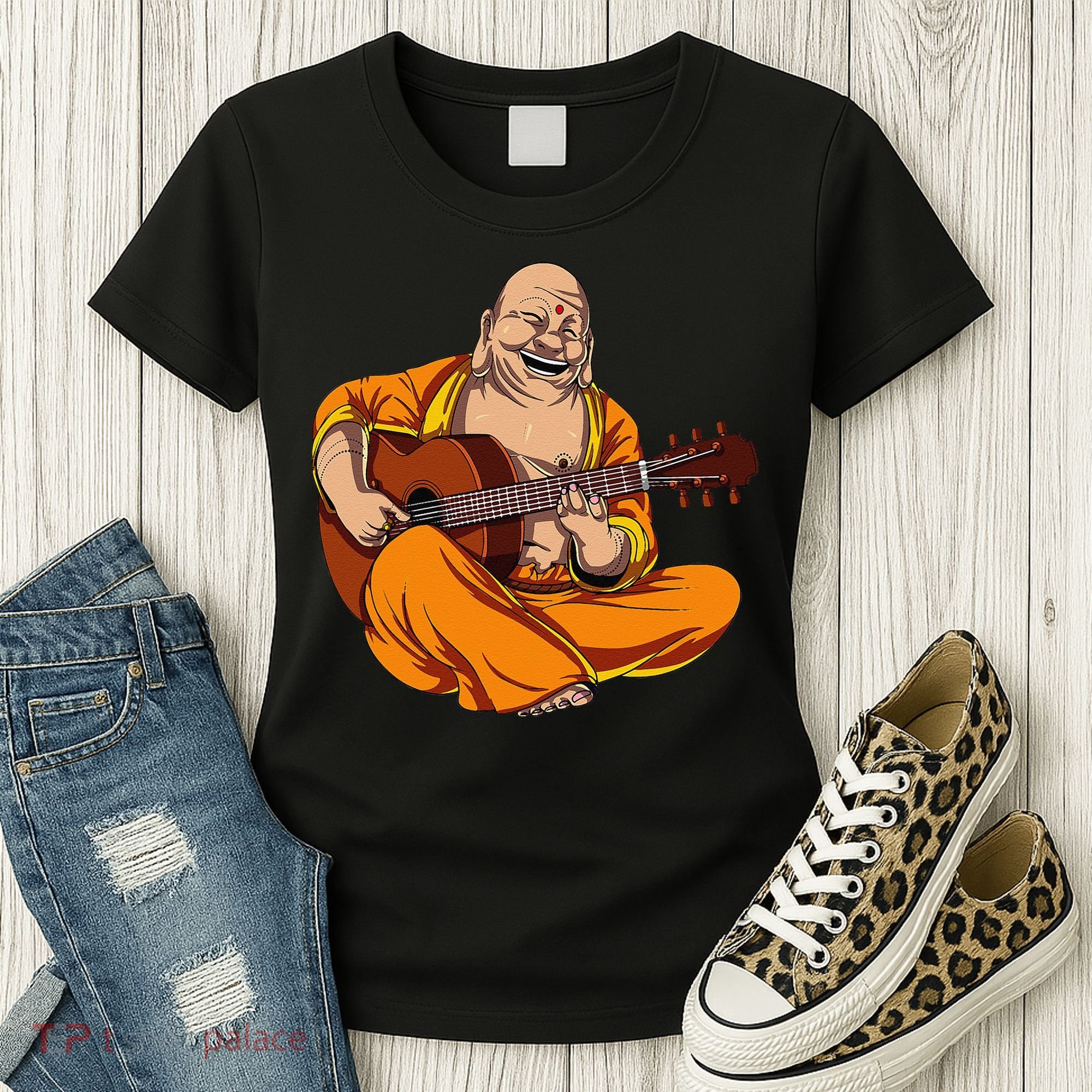 Buddha Playing Guitar Zen Yoga Meditation Funny Namaste Women's T-Shirt