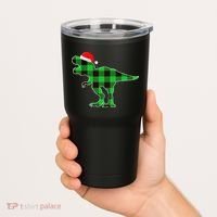 Buffalo Plaid Green Dinosaur T Rex Funny Christmas Boys Tumbler thumb 2