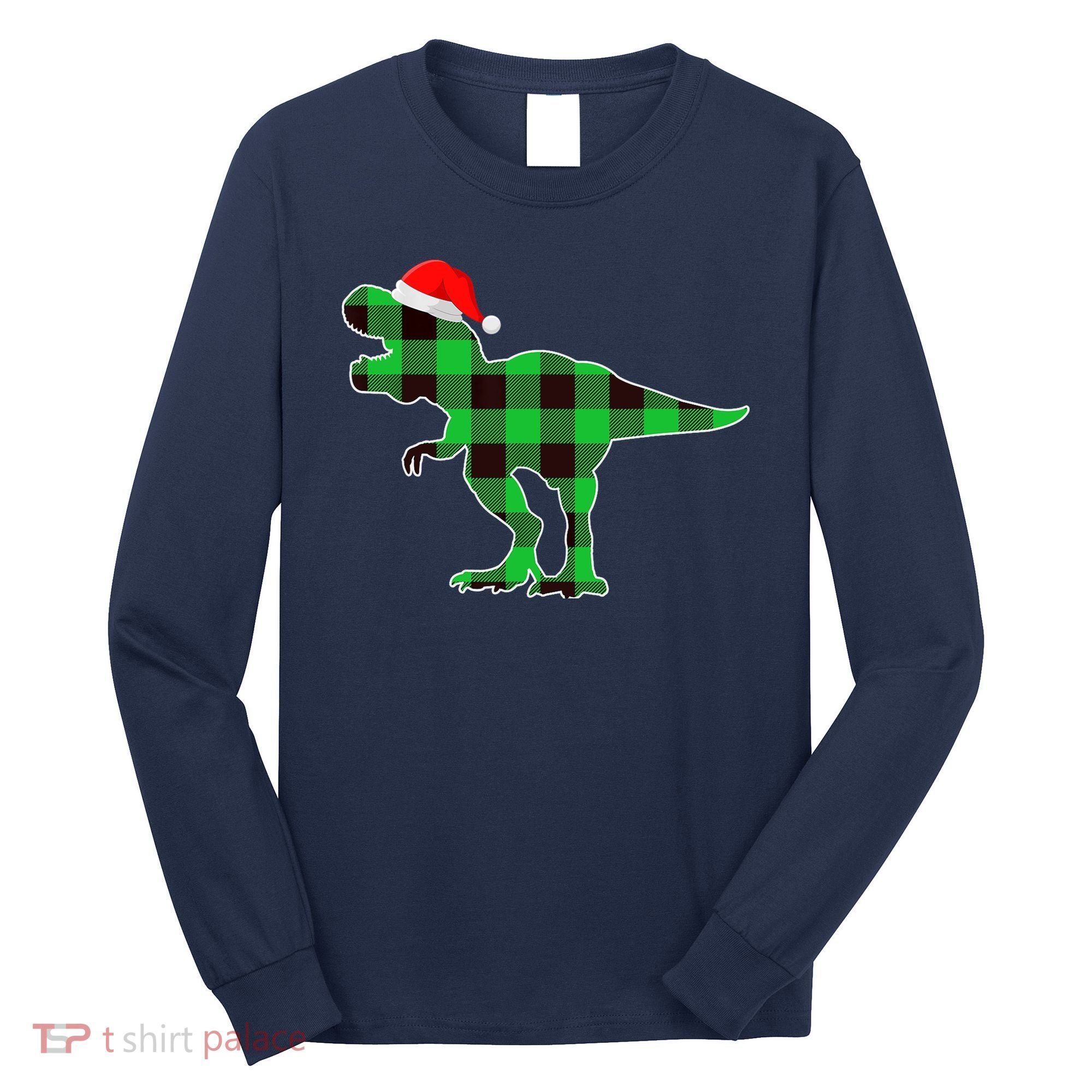 Buffalo Plaid Green Dinosaur T Rex Funny Christmas Boys Long Sleeve Shirt
