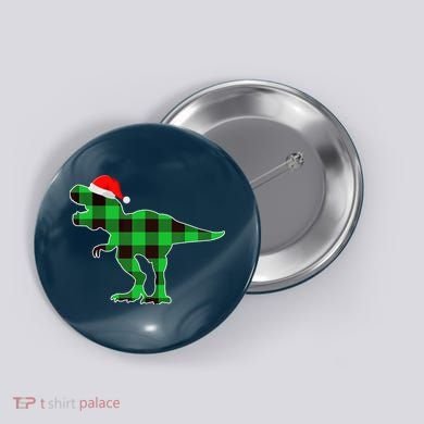 Buffalo Plaid Green Dinosaur T Rex Funny Christmas Boys Button