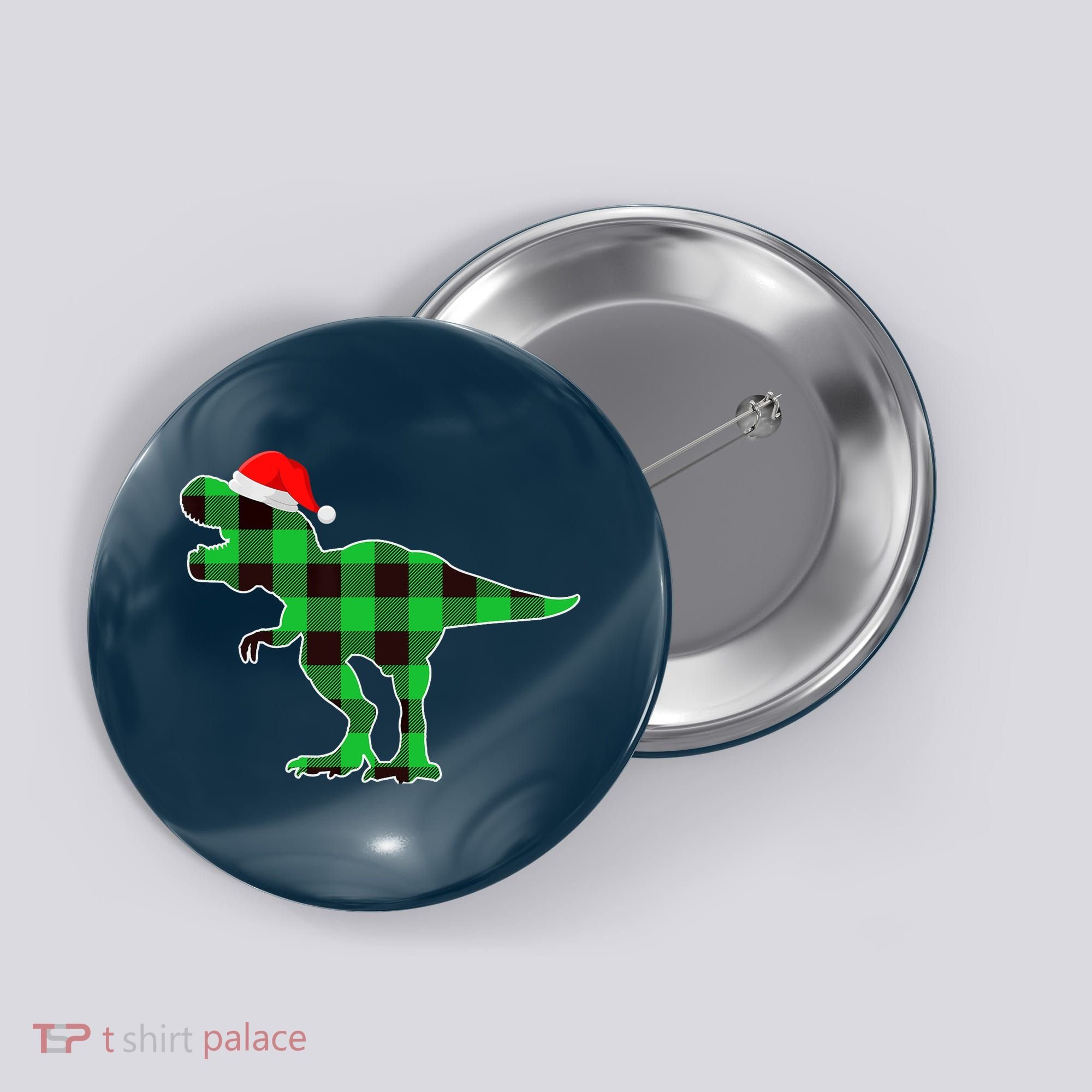 Buffalo Plaid Green Dinosaur T Rex Funny Christmas Boys Button
