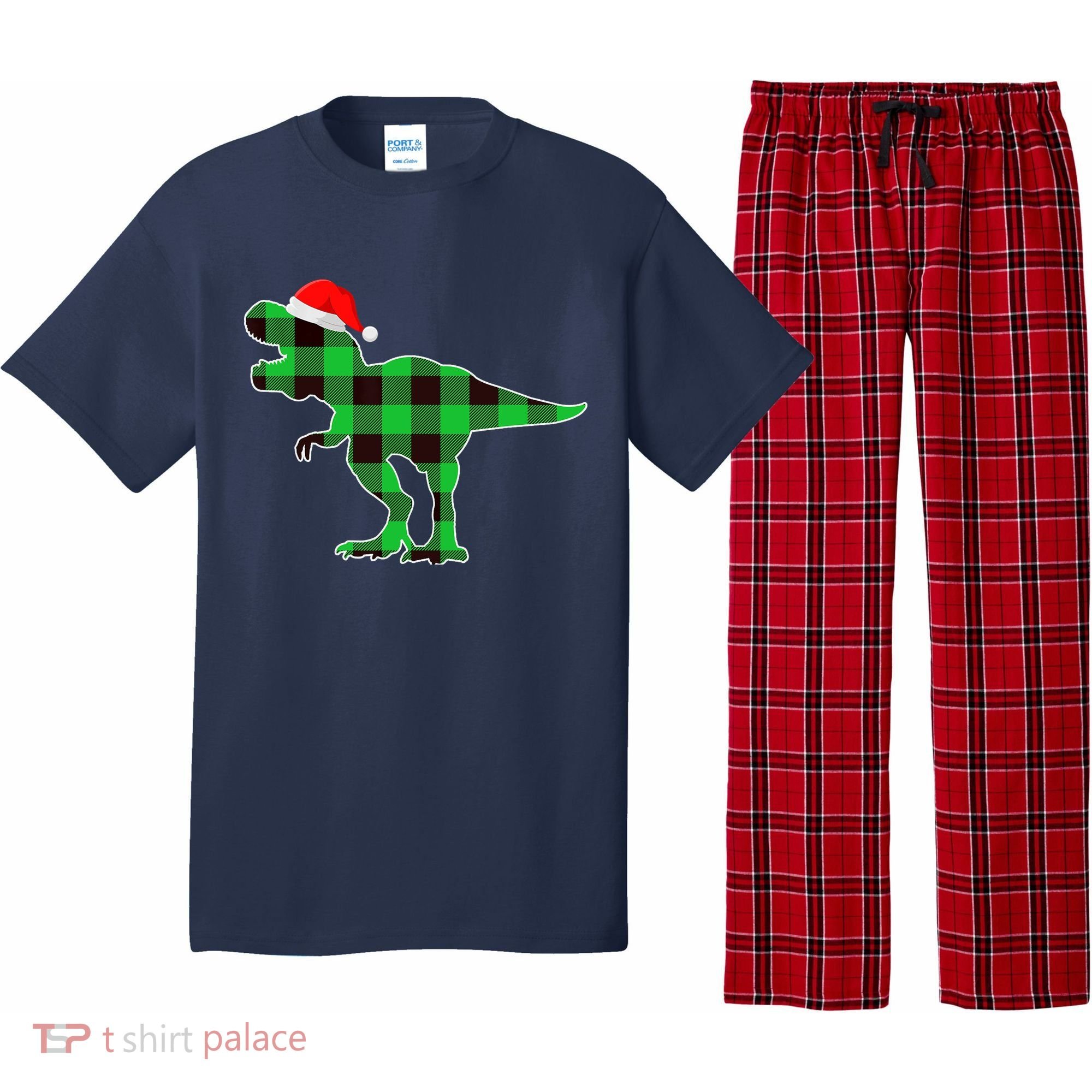 Buffalo Plaid Green Dinosaur T Rex Funny Christmas Boys Pajama Set