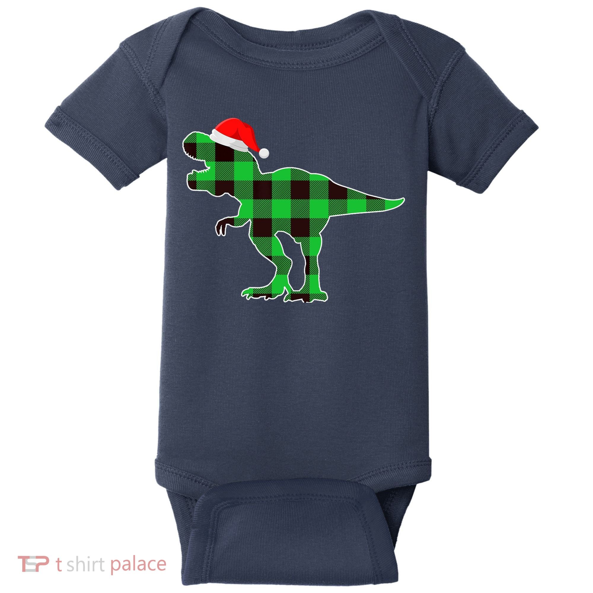 Buffalo Plaid Green Dinosaur T Rex Funny Christmas Boys Baby Bodysuit
