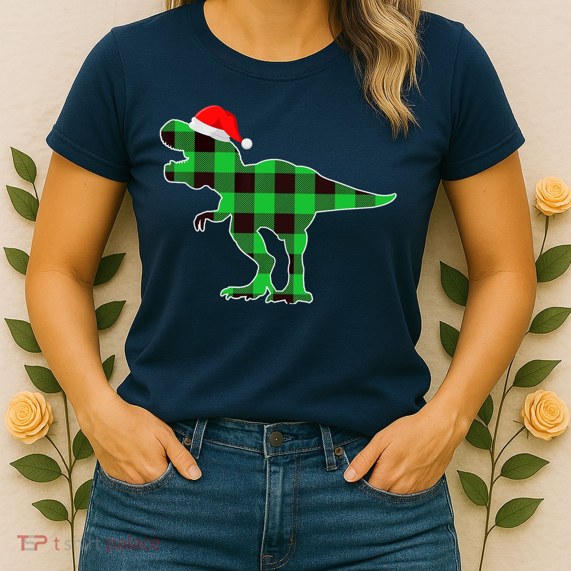 Buffalo Plaid Green Dinosaur T Rex Funny Christmas Boys Women's T-Shirt