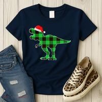 Buffalo Plaid Green Dinosaur T Rex Funny Christmas Boys Women's T-Shirt thumb 3