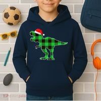 Buffalo Plaid Green Dinosaur T Rex Funny Christmas Boys Kids Hoodie thumb 2