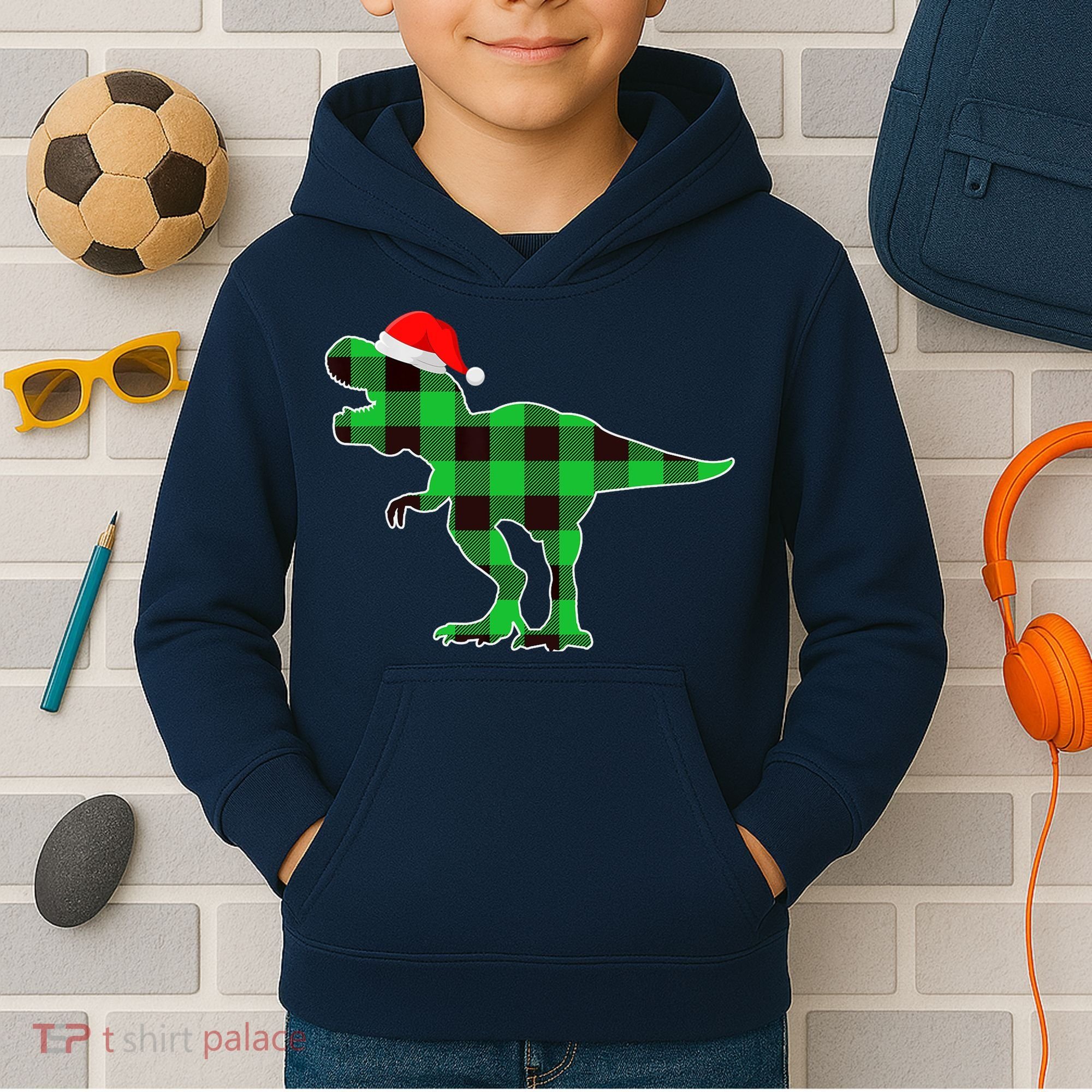 Buffalo Plaid Green Dinosaur T Rex Funny Christmas Boys Kids Hoodie