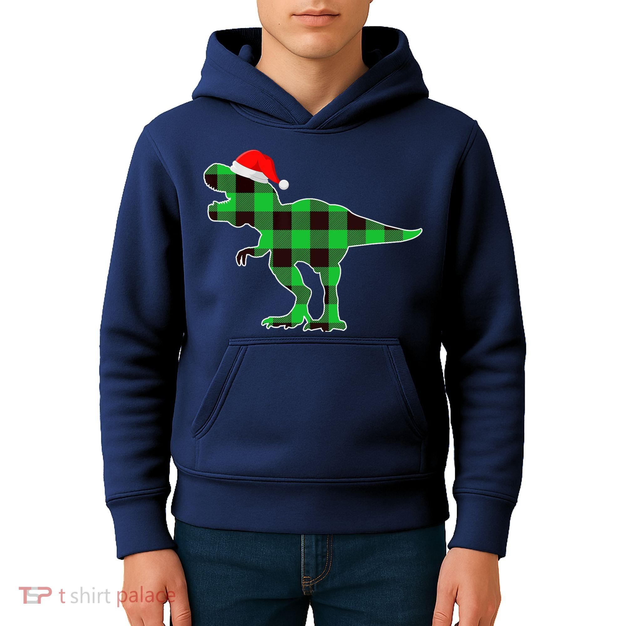 Buffalo Plaid Green Dinosaur T Rex Funny Christmas Boys Kids Hoodie