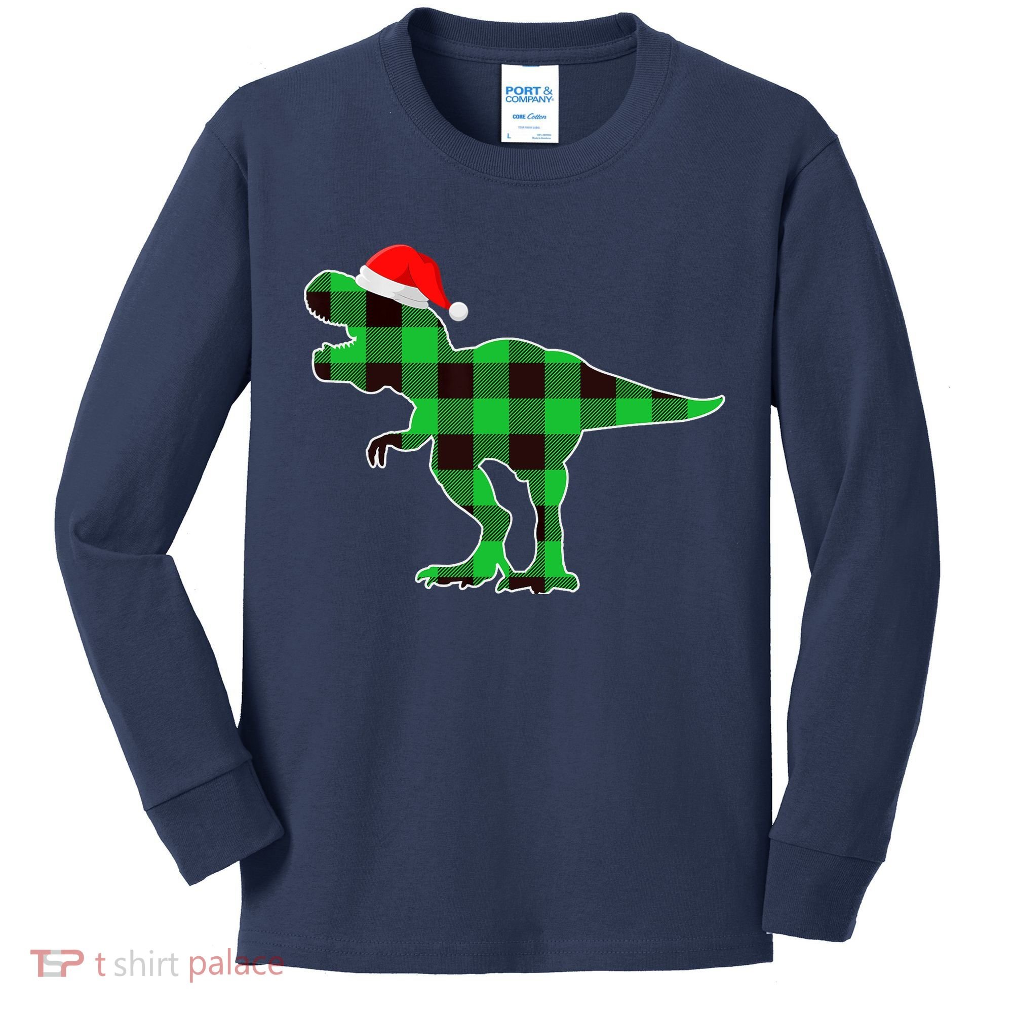 Buffalo Plaid Green Dinosaur T Rex Funny Christmas Boys Kids Long Sleeve Shirt