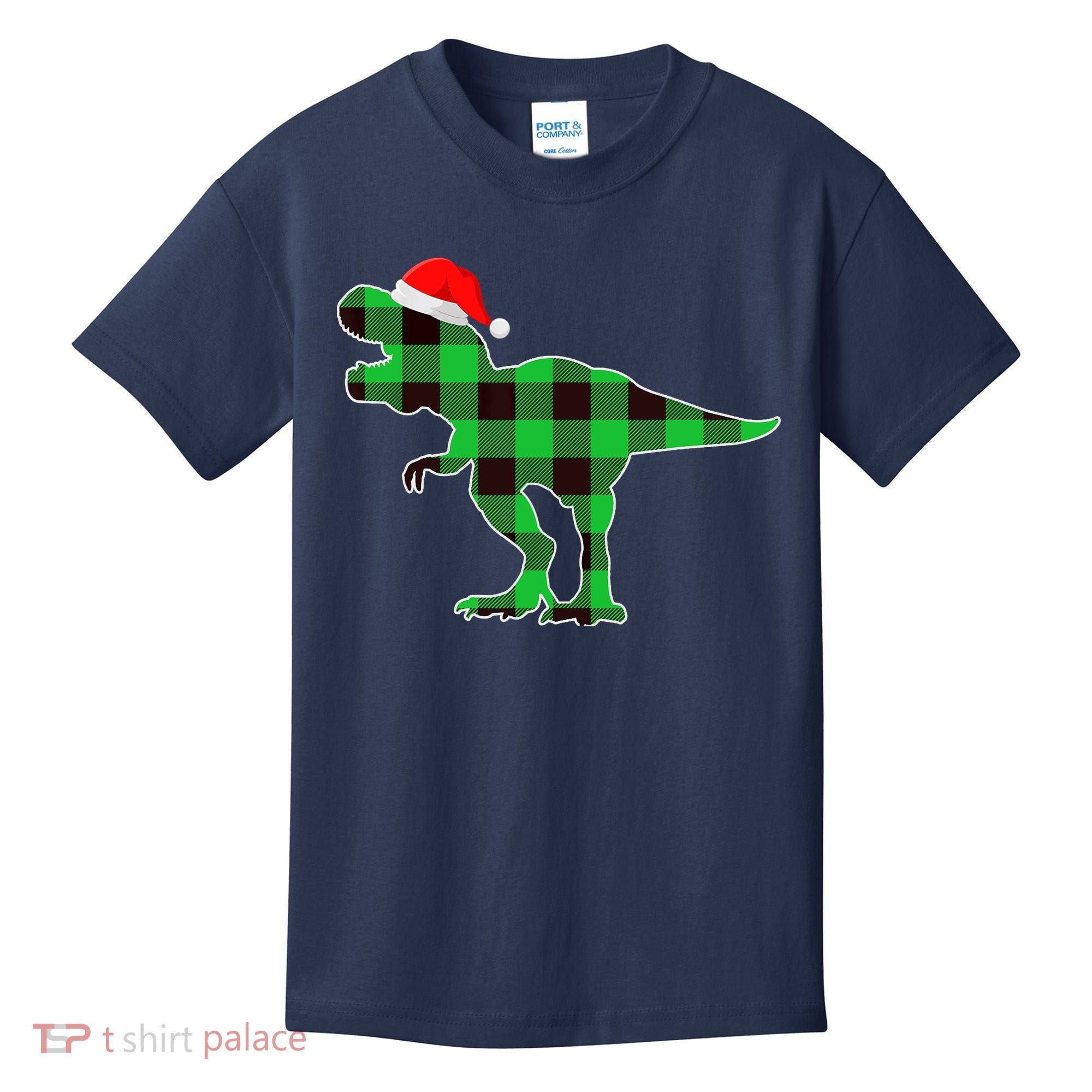 Buffalo Plaid Green Dinosaur T Rex Funny Christmas Boys Kids T-Shirt