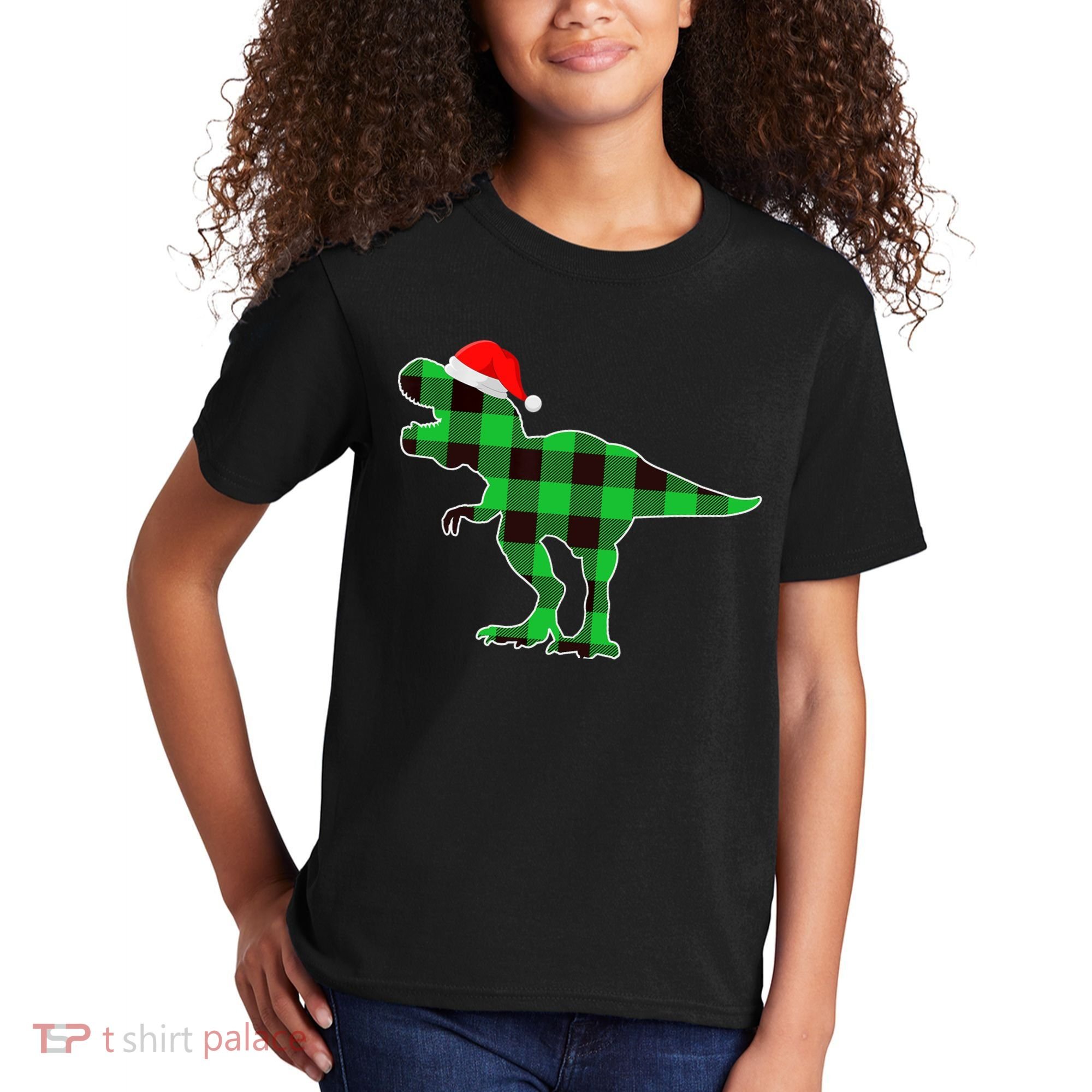 Buffalo Plaid Green Dinosaur T Rex Funny Christmas Boys Kids T-Shirt