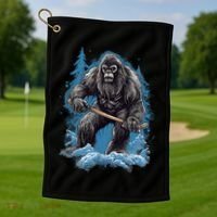 Bigfoot Playing Ice Hockey Funny Sasquatch Hockey Stick Funny Gift Golf Towel thumb 1