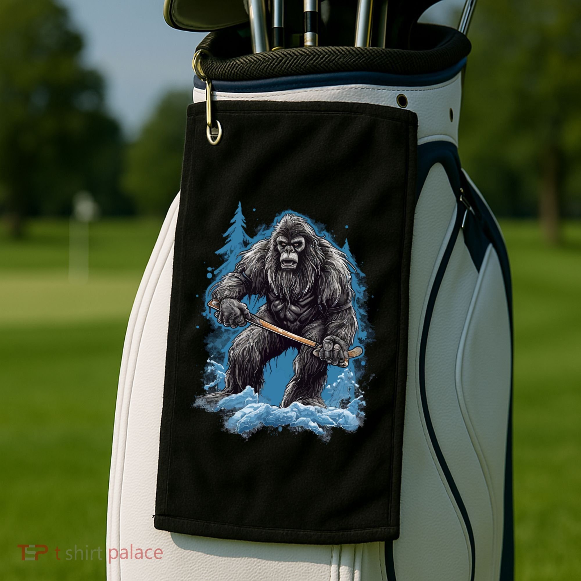 Bigfoot Playing Ice Hockey Funny Sasquatch Hockey Stick Funny Gift Golf Towel