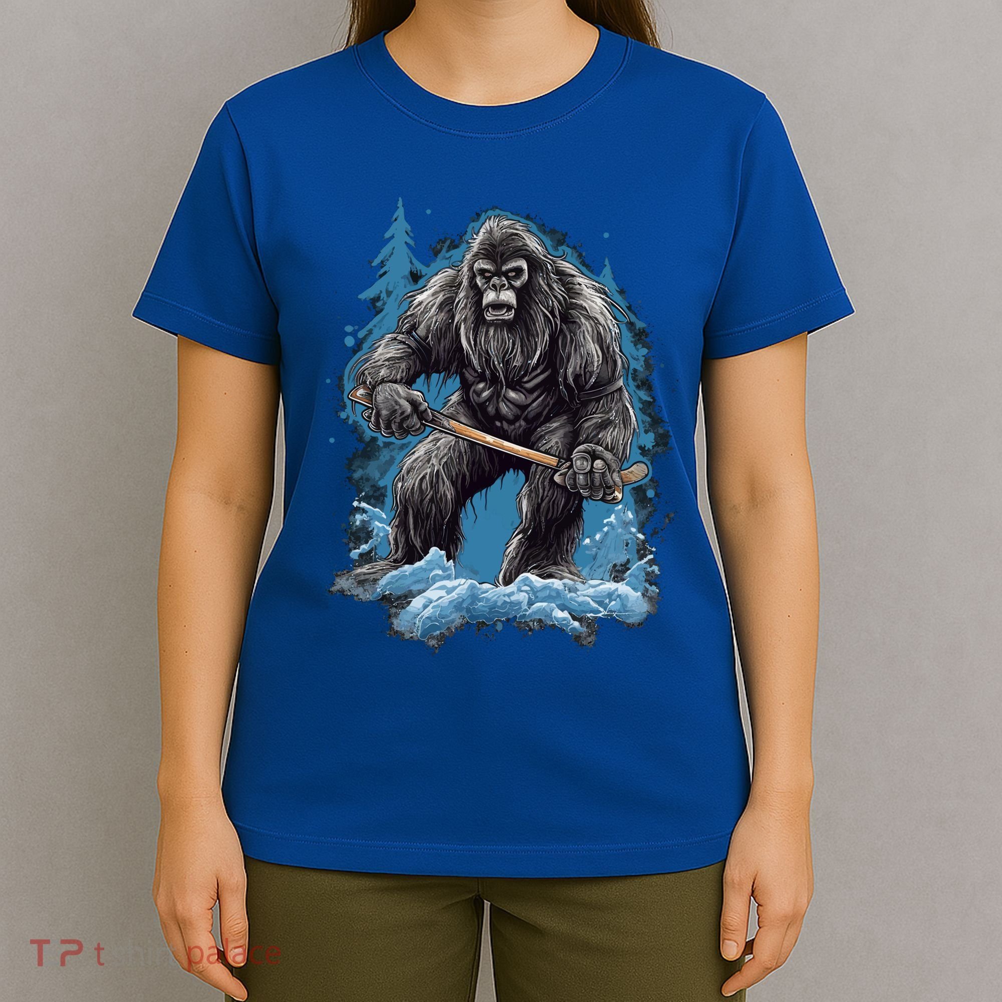 Bigfoot Playing Ice Hockey Funny Sasquatch Hockey Stick Funny Gift T-Shirt